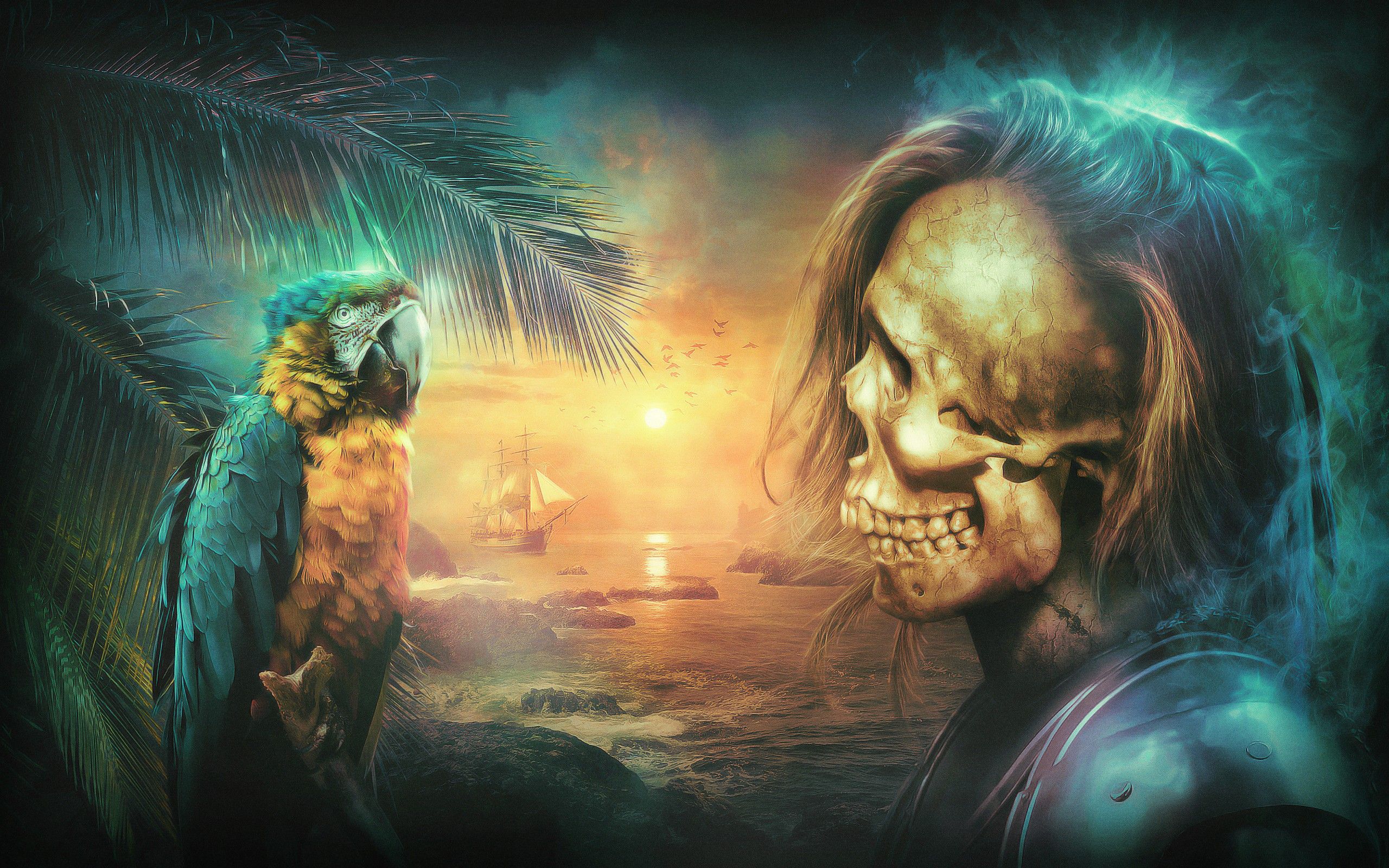 2560x1600 Phone wallpaper: Dark, Skull, Fantasy, Parrot, Pirate, Warrior 222445