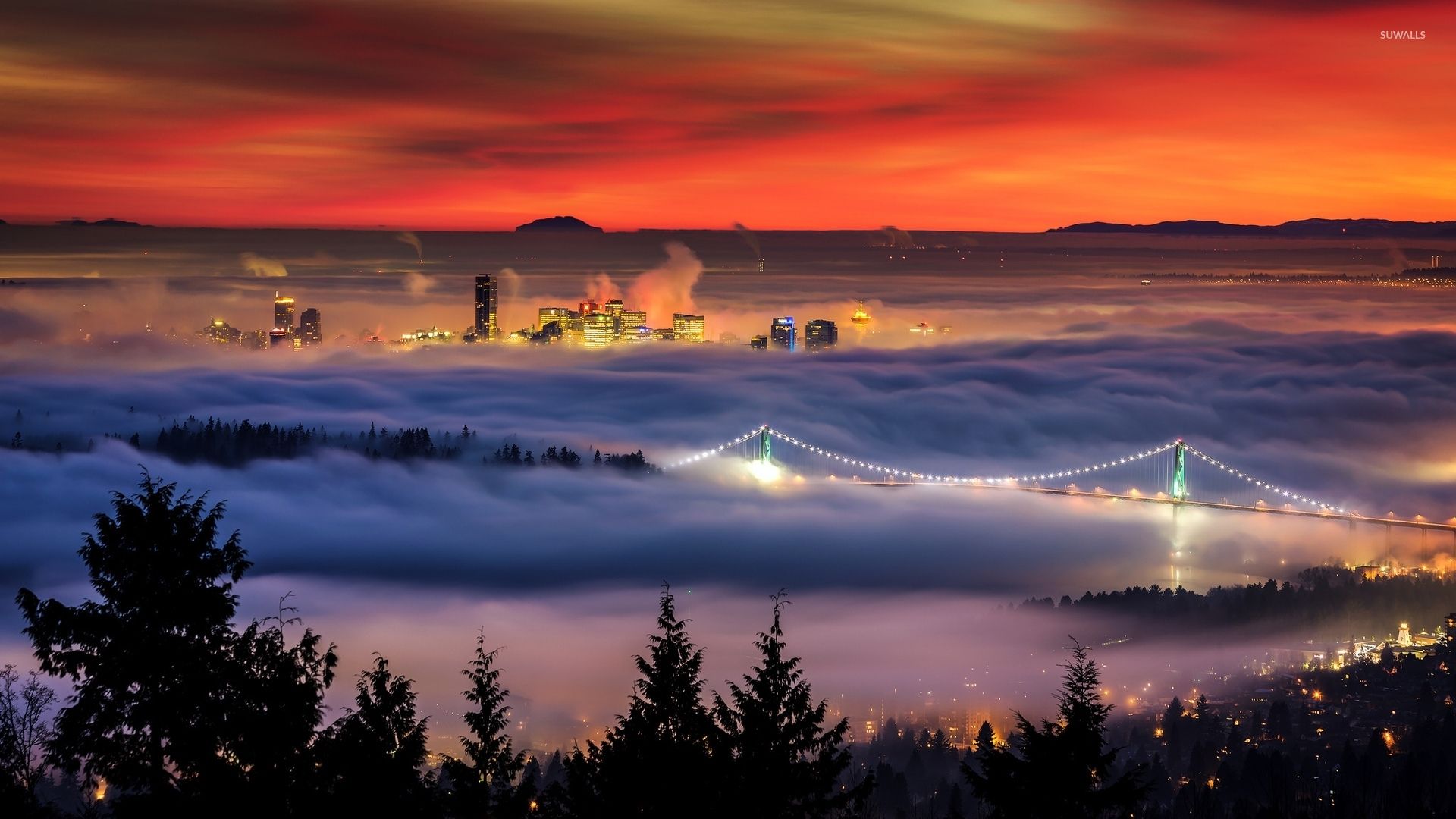 1920x1080 Lions Gate Bridge under a cloud blanket at sunset wallpaper wallpaper
