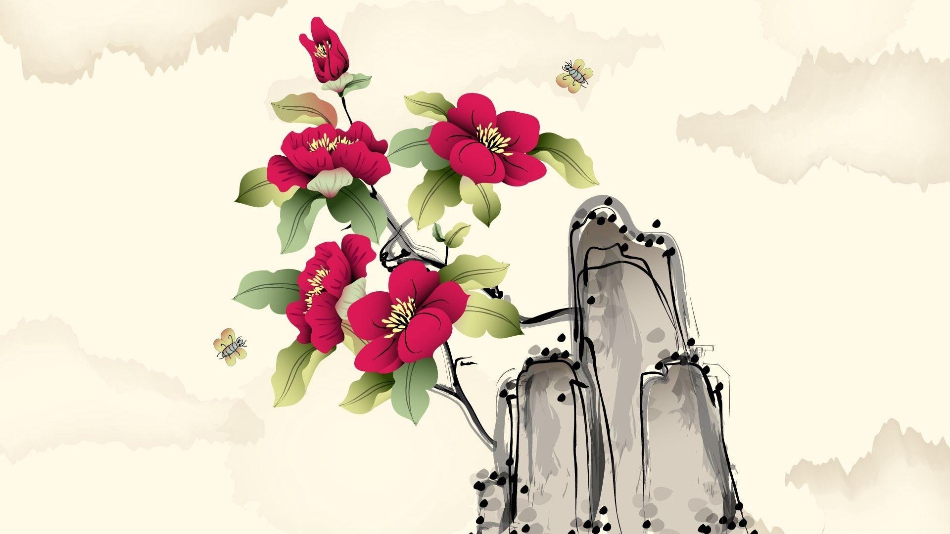 1920x1080 Download wallpaper 1920x1080 flowers, rocks, drawing, art, clouds