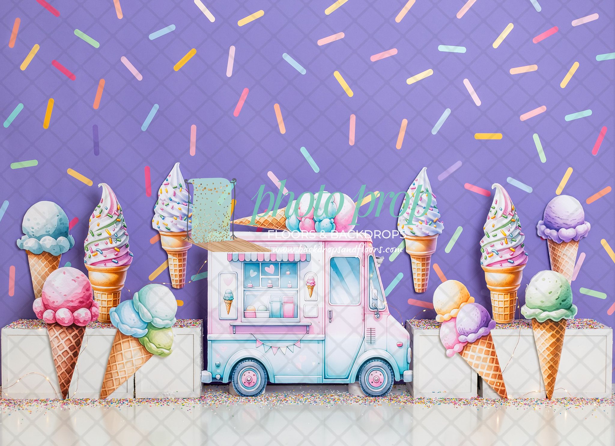 2048x1487 Purple Ice Cream Truck Photography Backdrop, Sundae, Sprinkles, Cones, Summer, Scoops