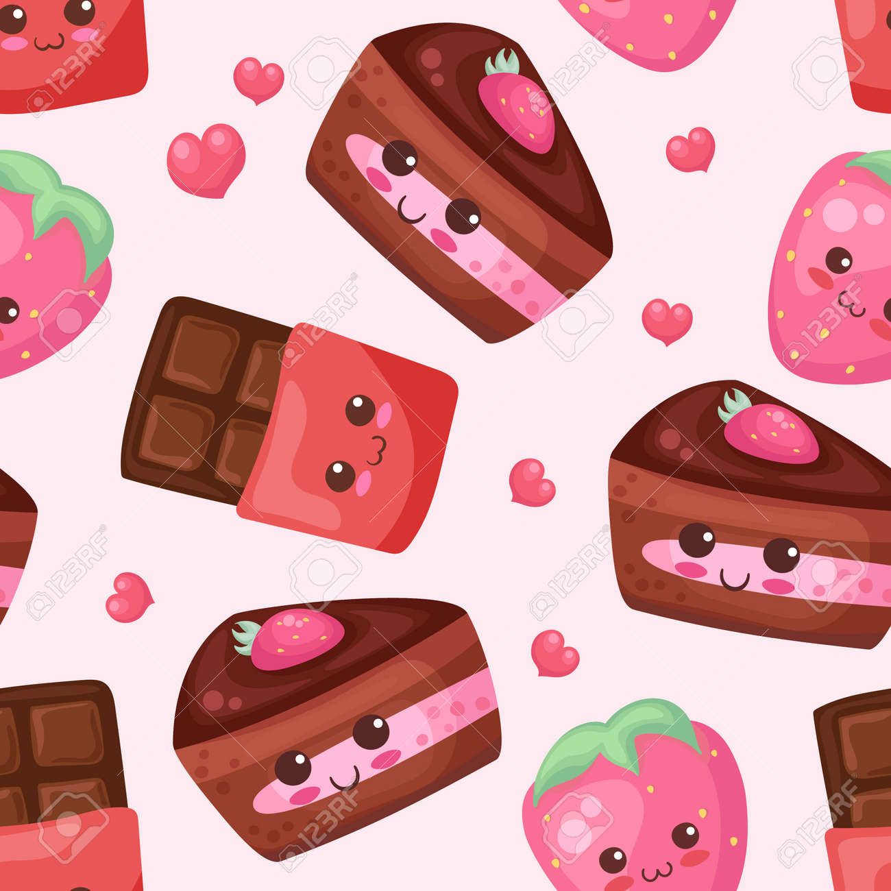 1300x1300 Cute Seamless Pattern With Chocolate Strawberry Cake, Berry And Choco Bar. Light Colors Repeating Background For Fabric Print, Nursery, Wallpaper. Kawaii Sweet Food Characters. Adorable Background. Royalty Free SVG, Clipart, Vectors, and