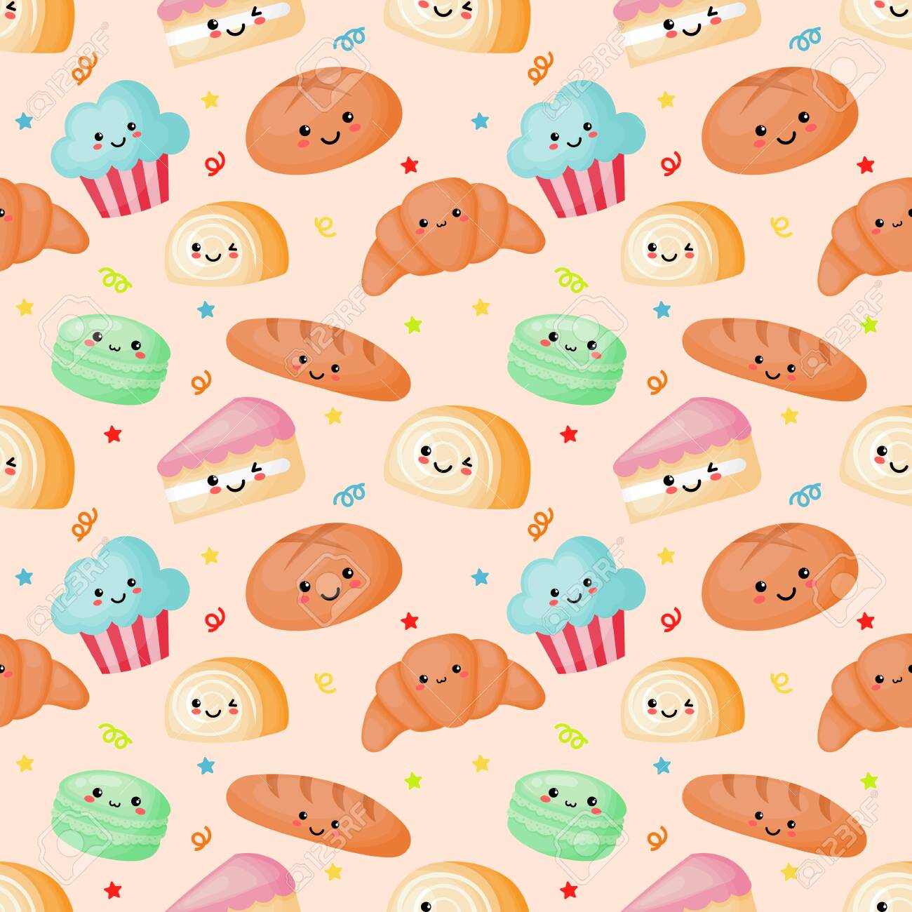 1300x1300 Kawaii Seamless Pattern Cute Funny Sweet And Dessert Cartoon Style Isolated On Cream Background. Illustration Vector. Royalty Free SVG, Clipart, Vectors, and Stock Illustration. Image 134432114