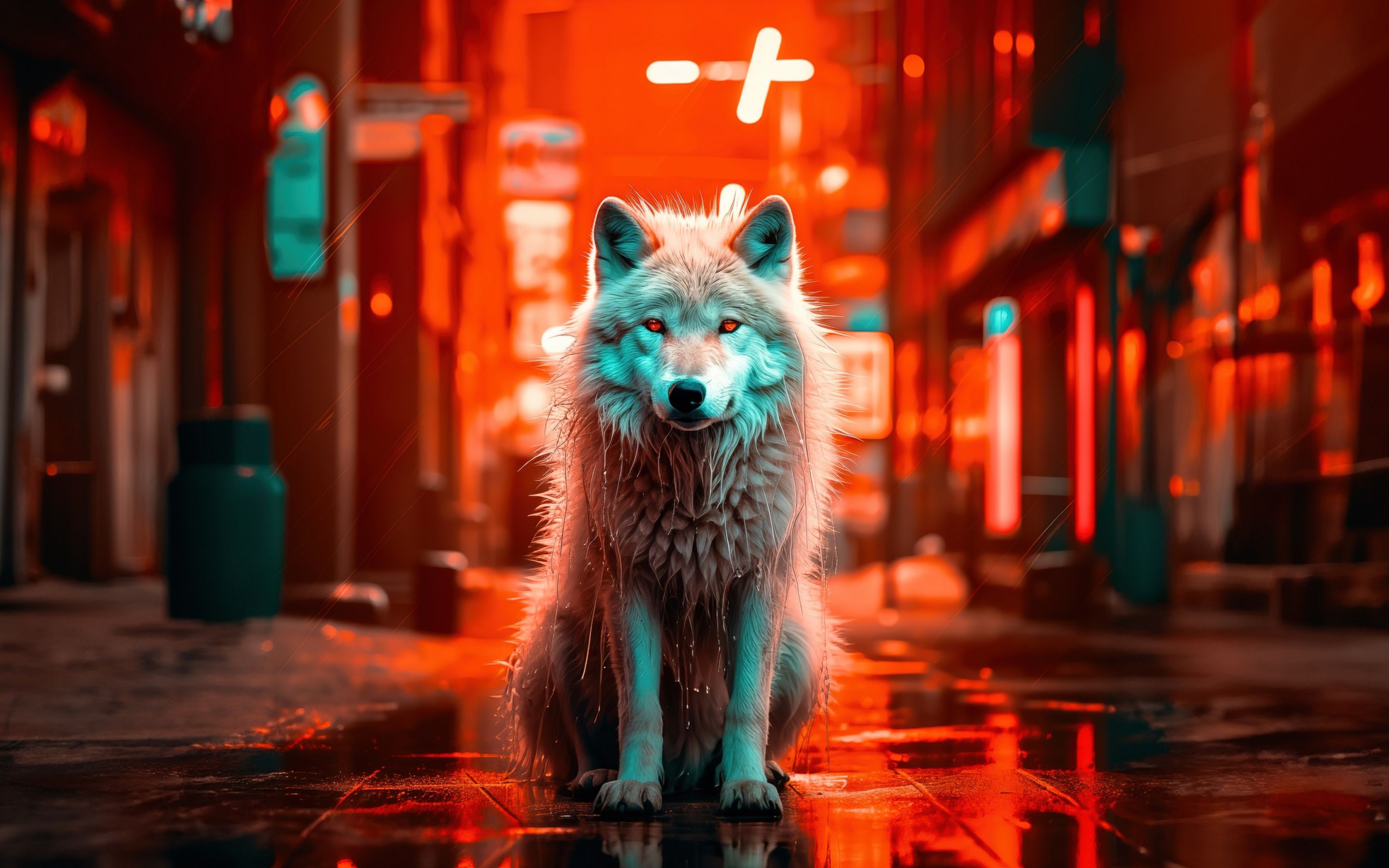 2880x1800 White wolf Wallpaper 4K, AI art, Red background