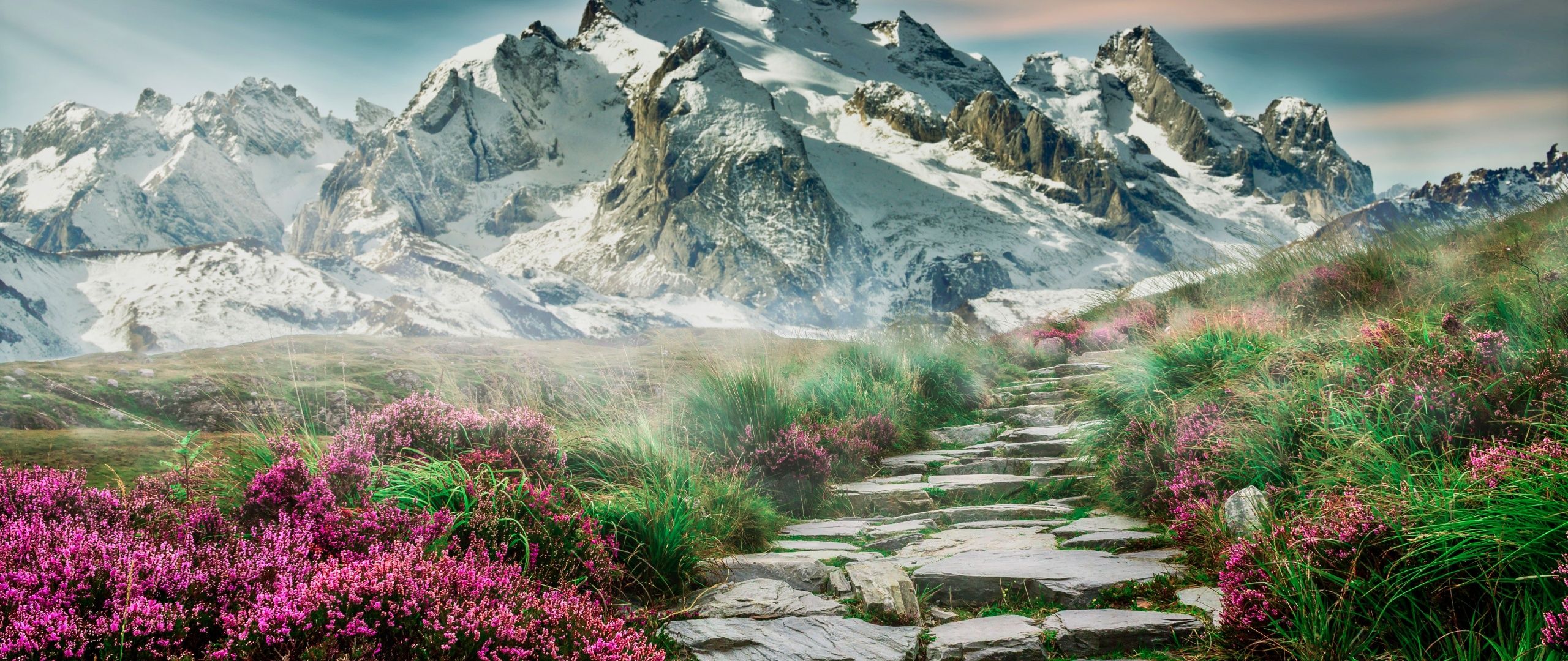 2560x1080 Mountains Wallpaper 4K, Path, Hill, Spring, Aesthetic