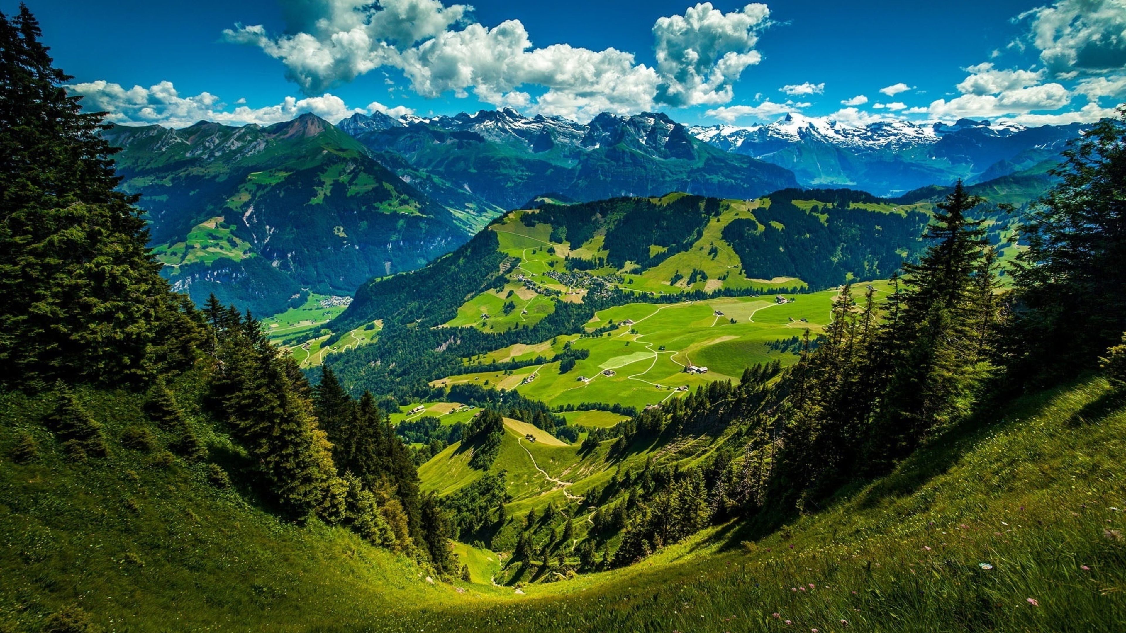 3840x2160 Landscape Of Mountain Green Hills Under Cloudy Blue Sky 4K HD Nature Wallpaper