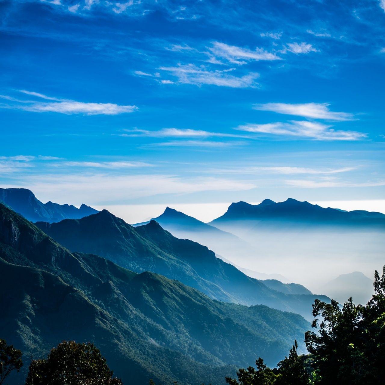 1280x1280 Mountain range Wallpaper 4K, Hills, Sunrise, Foggy
