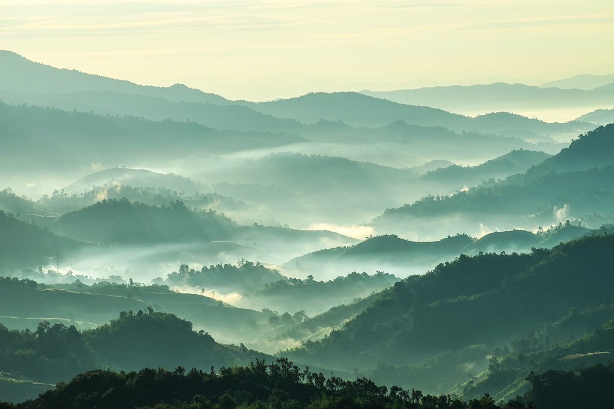 1200x800 Nature Hills with Fog for Elegant Home Walls Wallpaper®