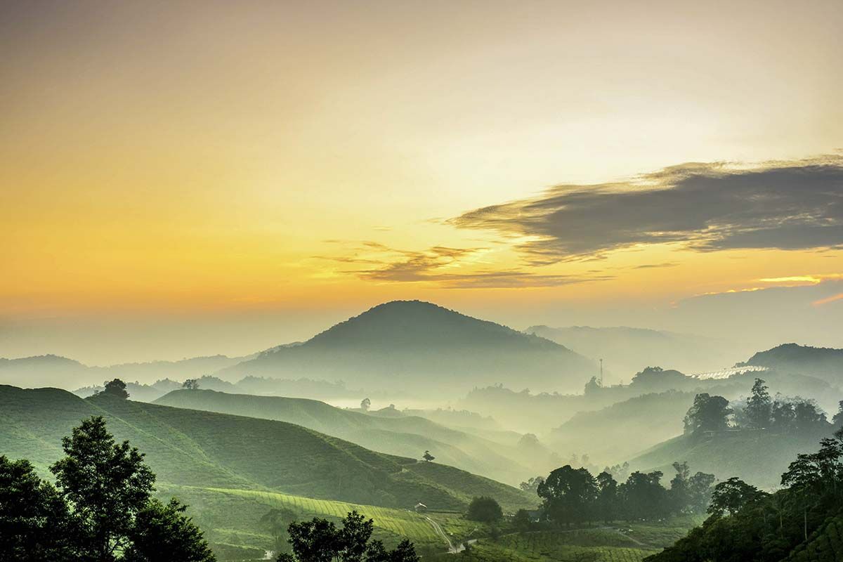 1200x800 Mountain Wallpaper, Foggy landscape with hills and trees®