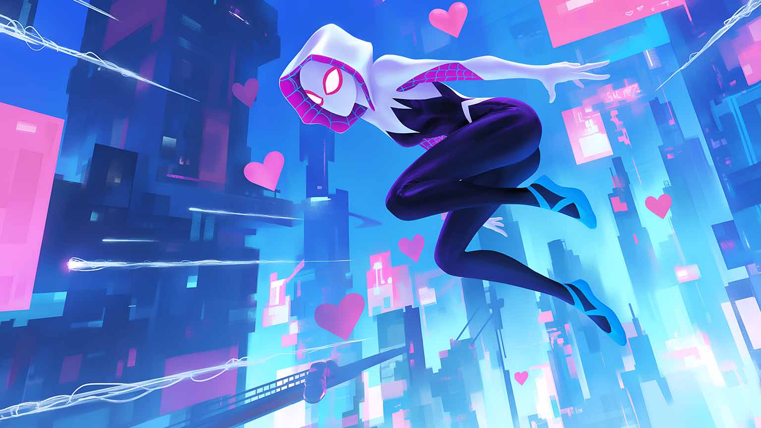 1536x864 Spider Verse Gwen Stacy Leaping Through City Desktop Wallpaper
