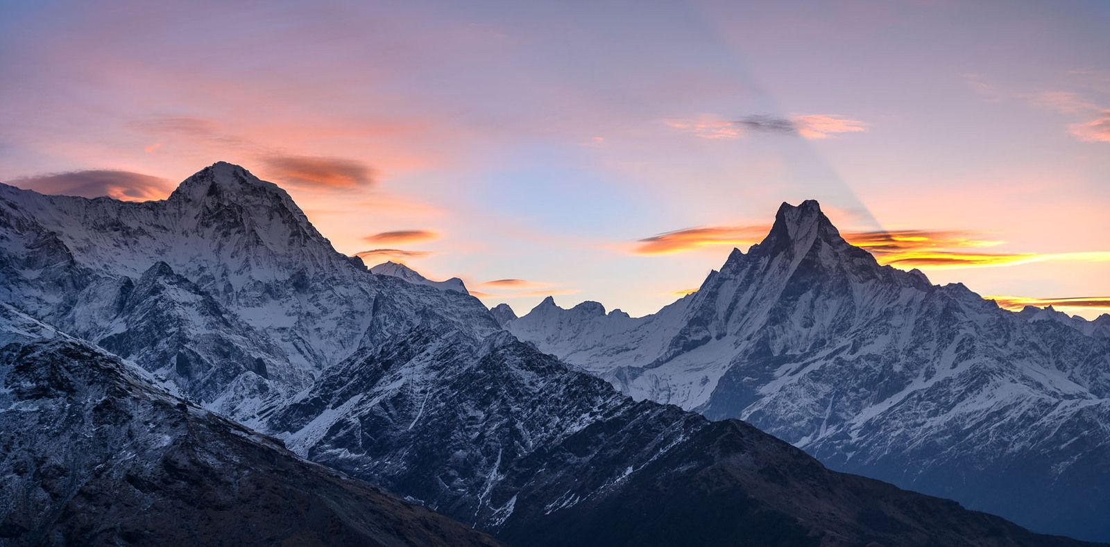 1600x789 Annapurna South and Machapuchare sunrise, Nepal