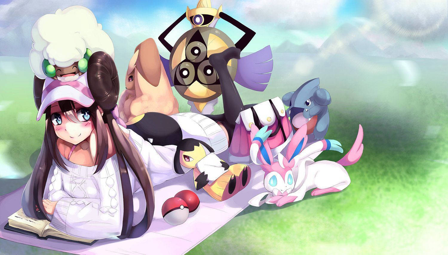 1500x854 Download pokemon girl laying on the grass with her friends Wallpaper