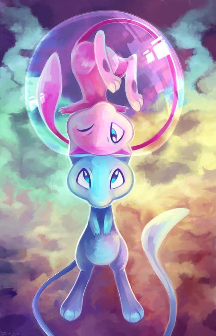718x1113 Scarica lo sfondo del Pokemonun Pokemon Rosa E Blu Con Una Bolla In Cima