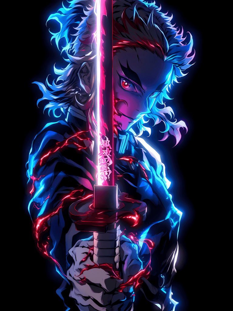 768x1024 Kyojuro Rengoku Wallpaper 4K, Neon glow, AMOLED