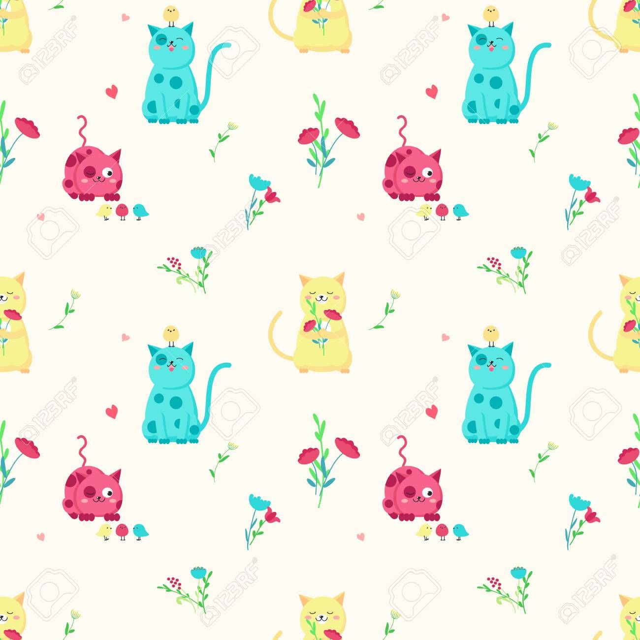 1300x1300 Vector Seamless Pattern With Cute Cartoon Cats With Spring Flowers And Birds. Spring Cats Background, Wallpaper, Fabric, Wrapping Paper. Royalty Free SVG, Clipart, Vectors, and Stock Illustration. Image 125412218