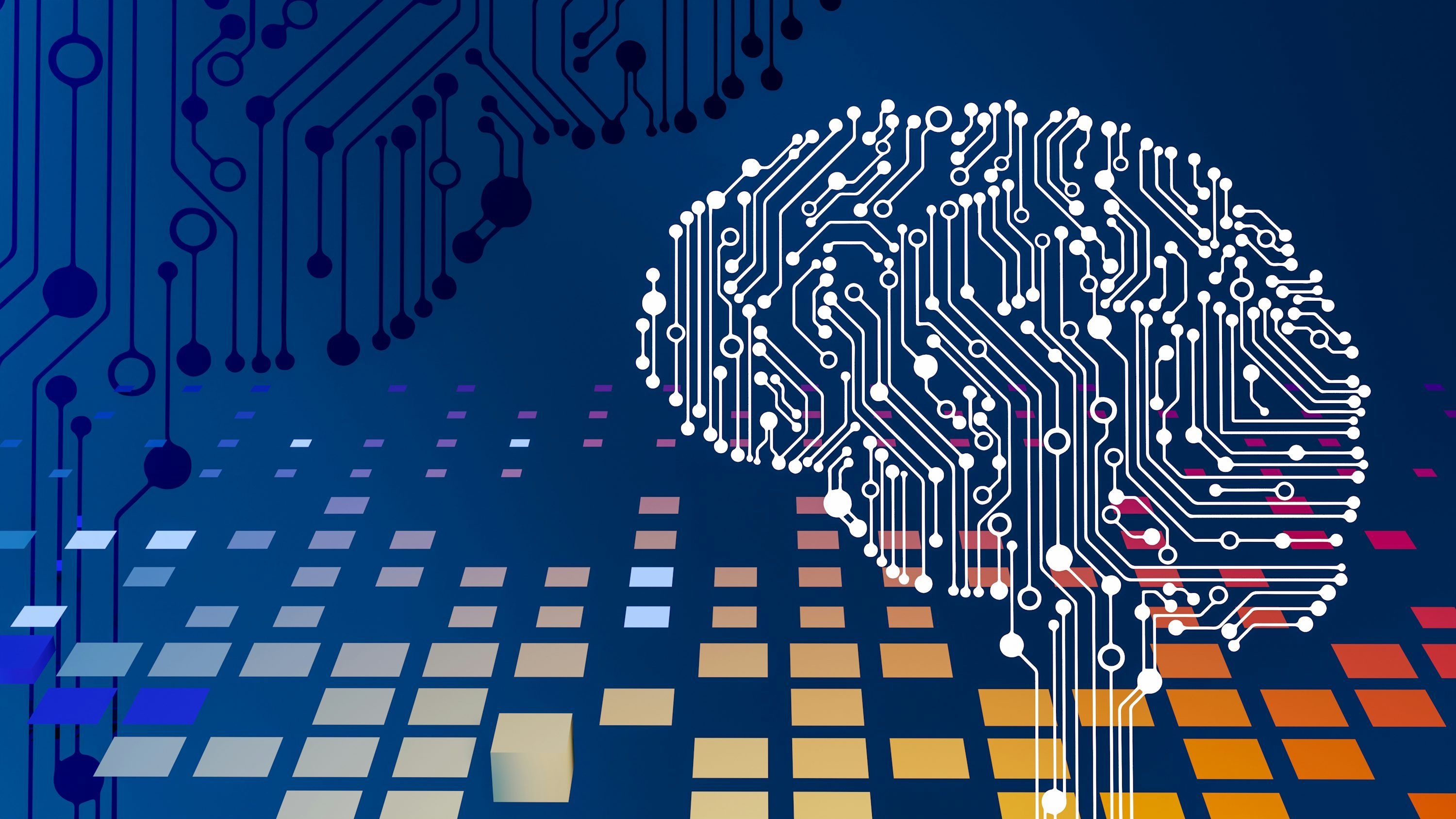 3000x1688 A computer circuit board with a brain on it photo