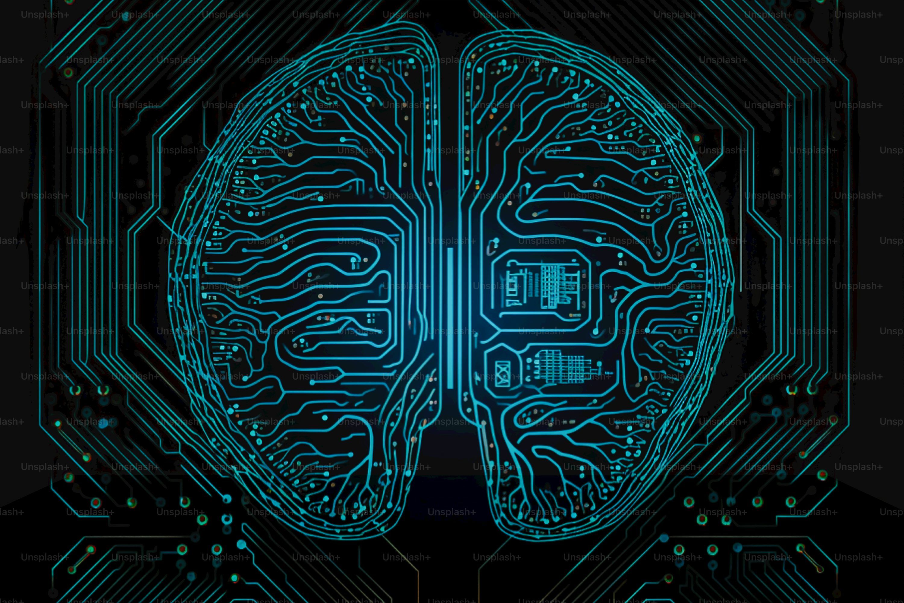 3000x2000 A computer circuit board with a brain in the middle of it photo