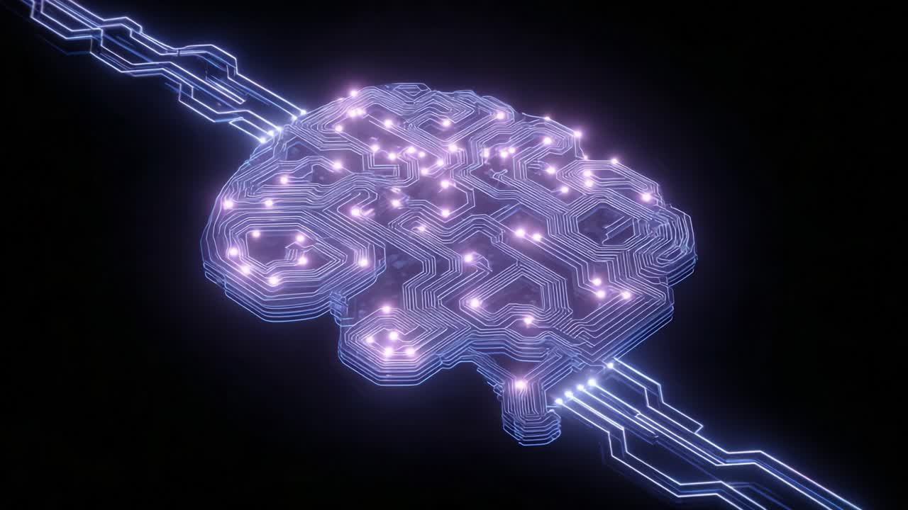 1280x720 Abstract circuit board in the shape of a human brain processing data, representing concepts like artificial intelligence, machine learning, deep learning, and futuristic technological innovation