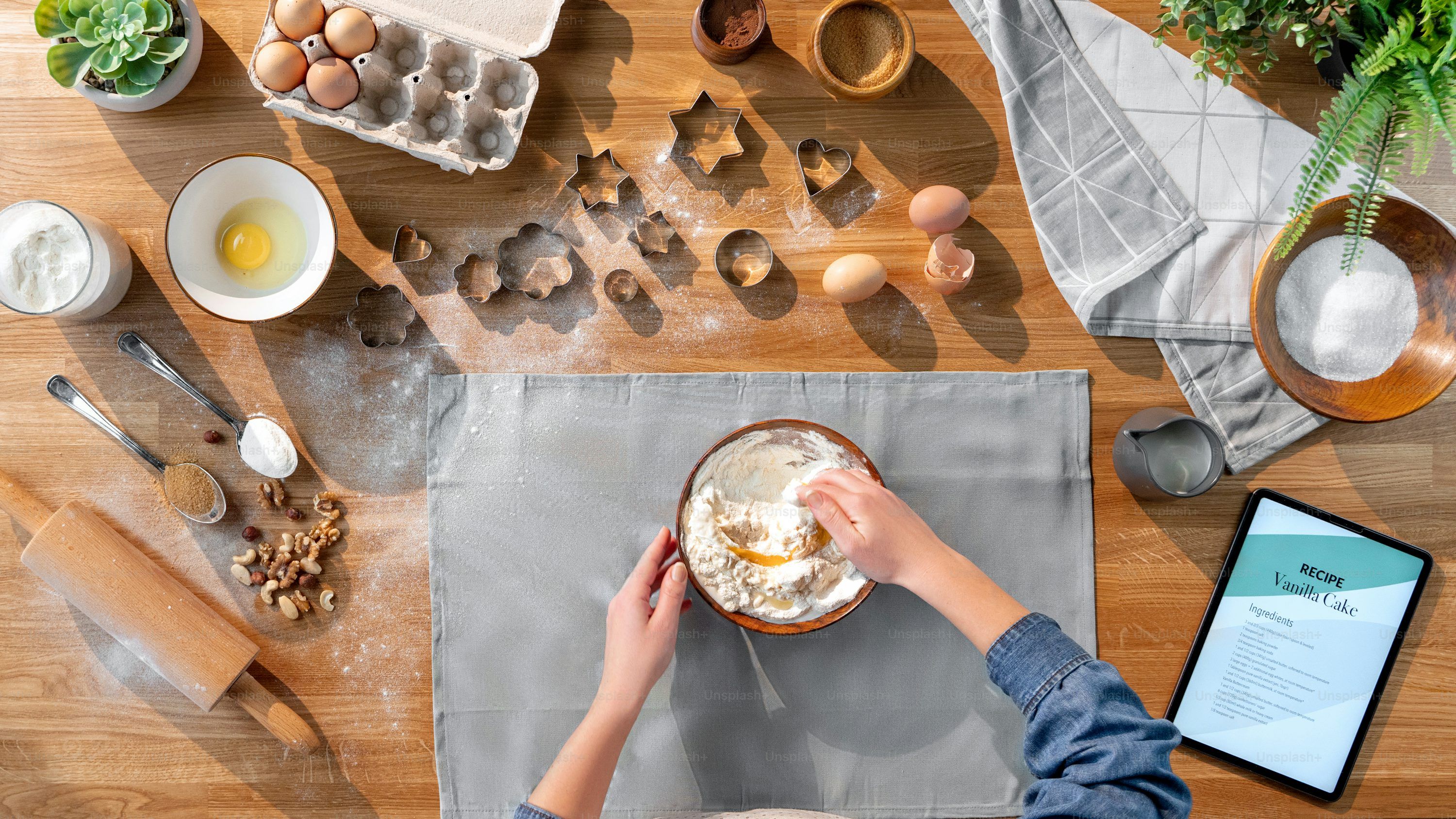 3000x1688 A flat lay top view of baking ingredients, desktop and hobby concept. photo