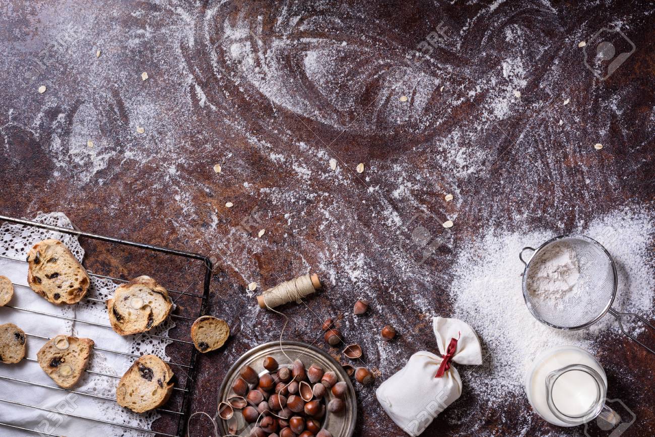 1300x867 Bakery Background, Baking Ingredients Over Rustic Kitchen Countertop. Baked Cookies With Hazelnuts, Rye Bread, Milk And Eggs. Top View, Copy Space. , Picture and Royalty Free Image. Image 75474807