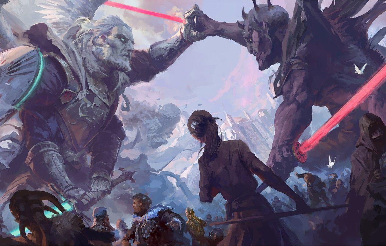1332x850 Wallpaper Star Wars, Darth Maul, Star Wars, Fan Art, Qui Gon Jinn