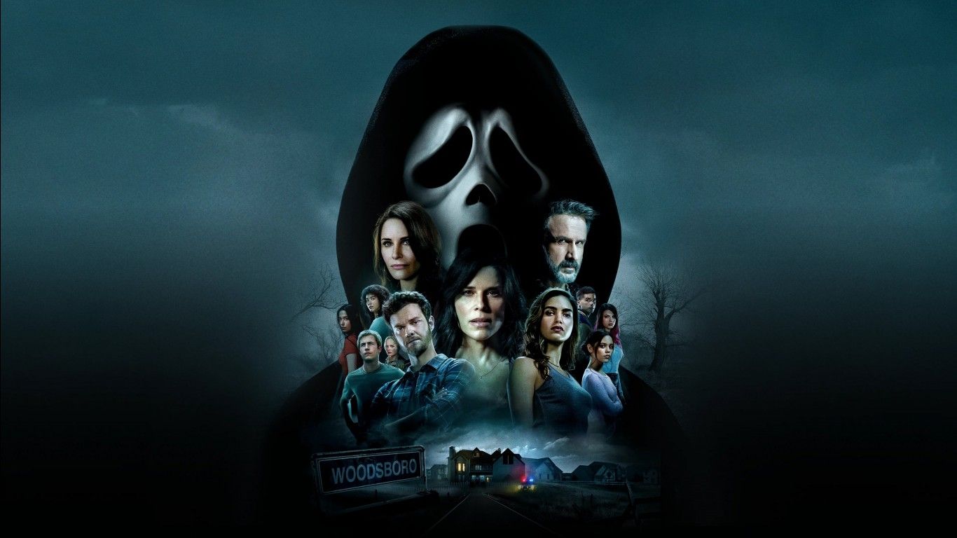 1366x768 Jenna Ortega Skeet Ulrich Neve Campbell Melissa Barrera Jack Quaid Dylan Minnette 4K HD Scream (2022) Wallpaper