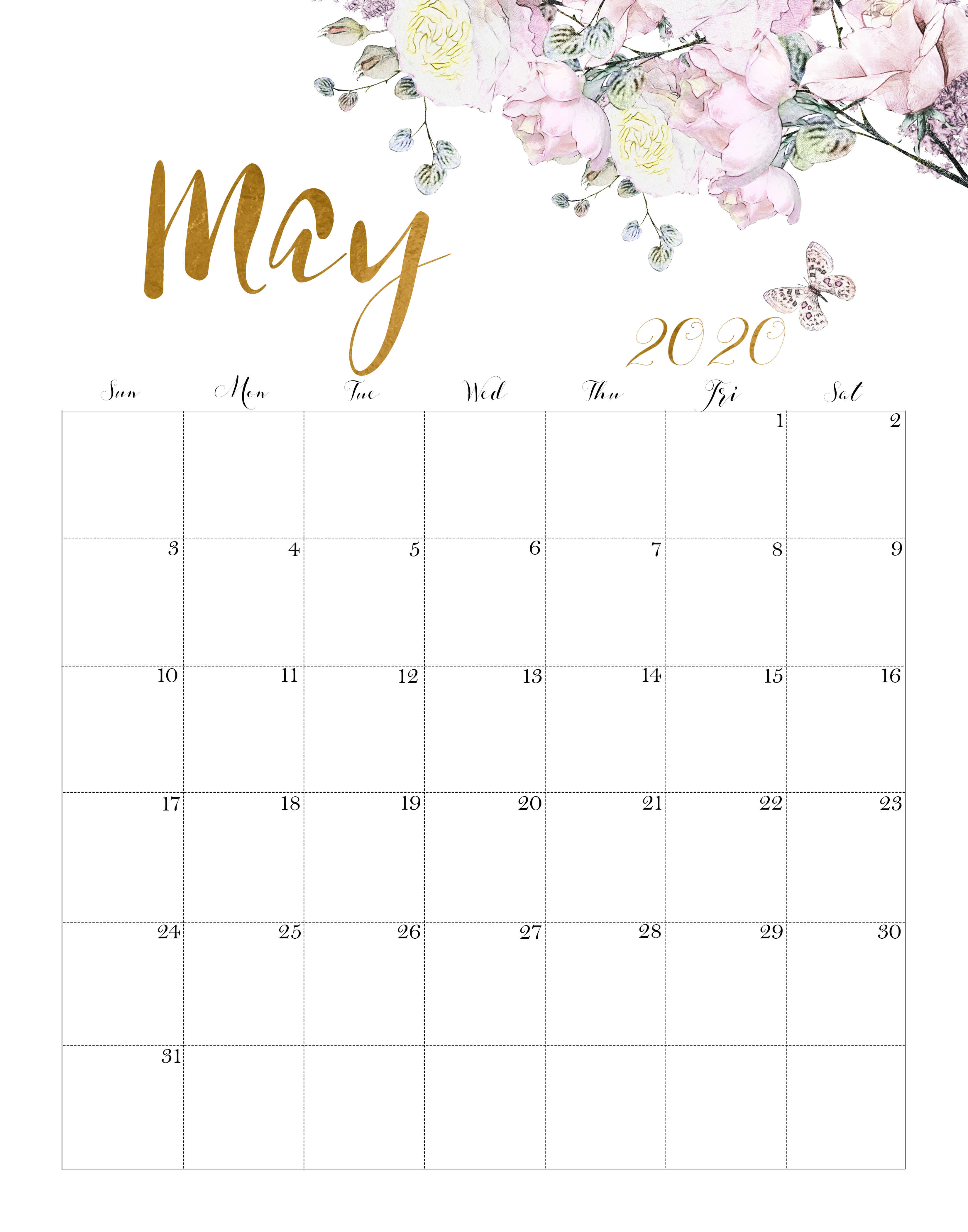 3300x4200 Floral Tháng 5 năm 2020 Lịch có thể in - Công cụ quản lý thời gian Floral