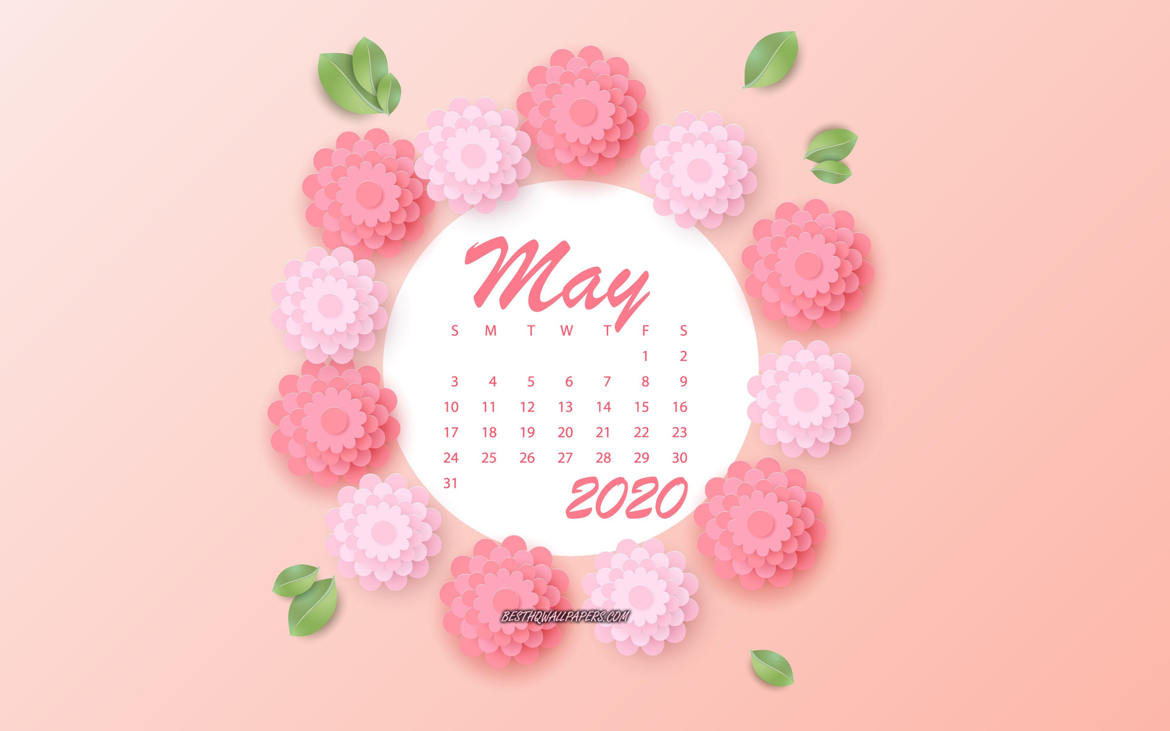 3840x2400 Tải xuống hình nền 2020 Lịch tháng 5, hoa mùa xuân màu hồng, màu đỏ