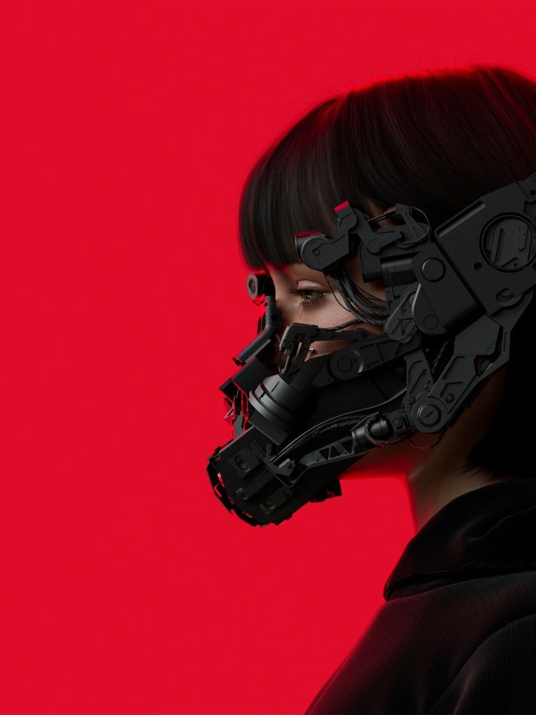 768x1024 Cyberpunk Wallpaper 4K, Red background, girl, Futuristic