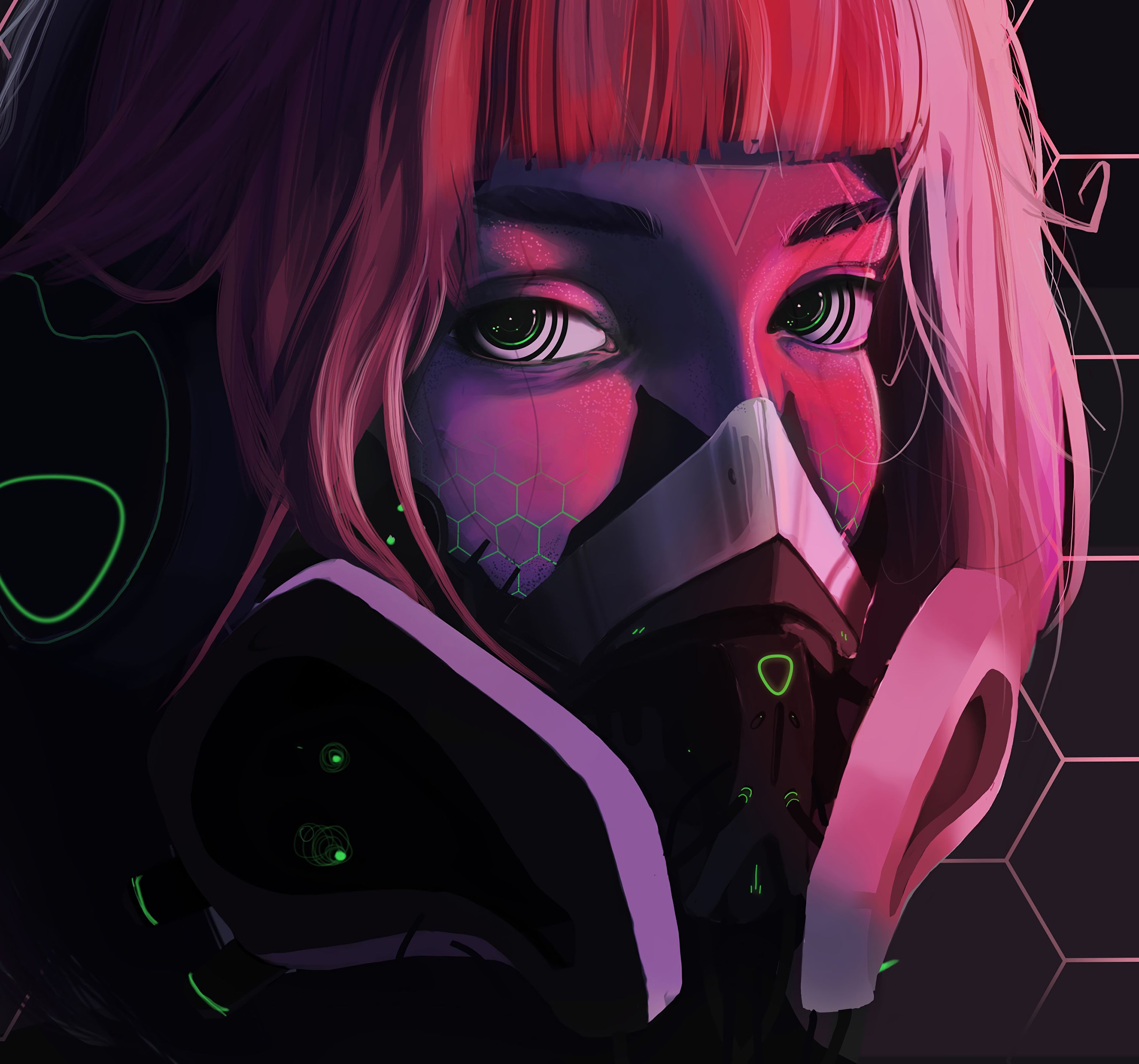 3090x2888 Phone wallpaper: Art, Cyberpunk, Face, Respirator, Mask, Eyes, Girl 107048