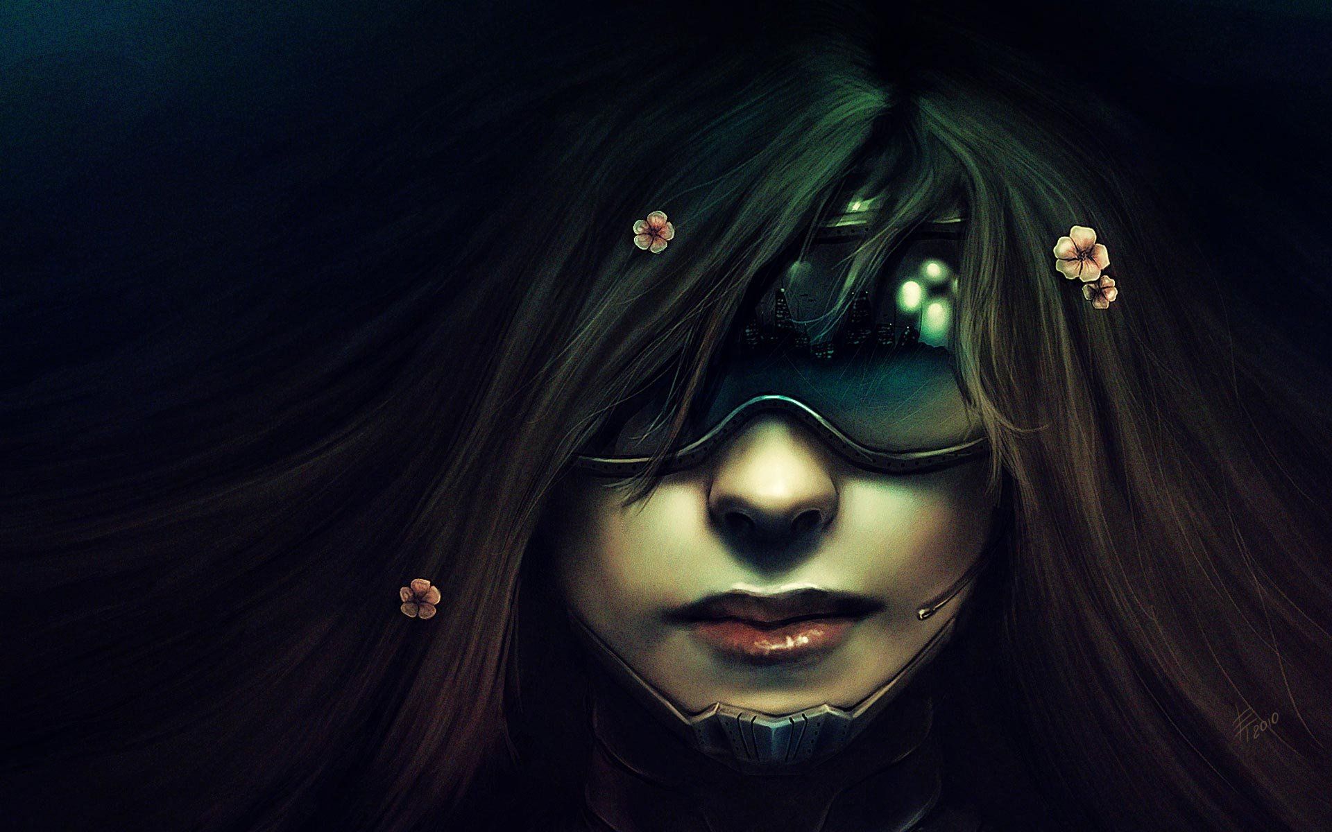 1920x1200 women, Flowers, Futuristic, Glasses, Long, Hair, Cyberpunk, Masks, Artwork, Neuromancer Wallpaper HD / Desktop and Mobile Background