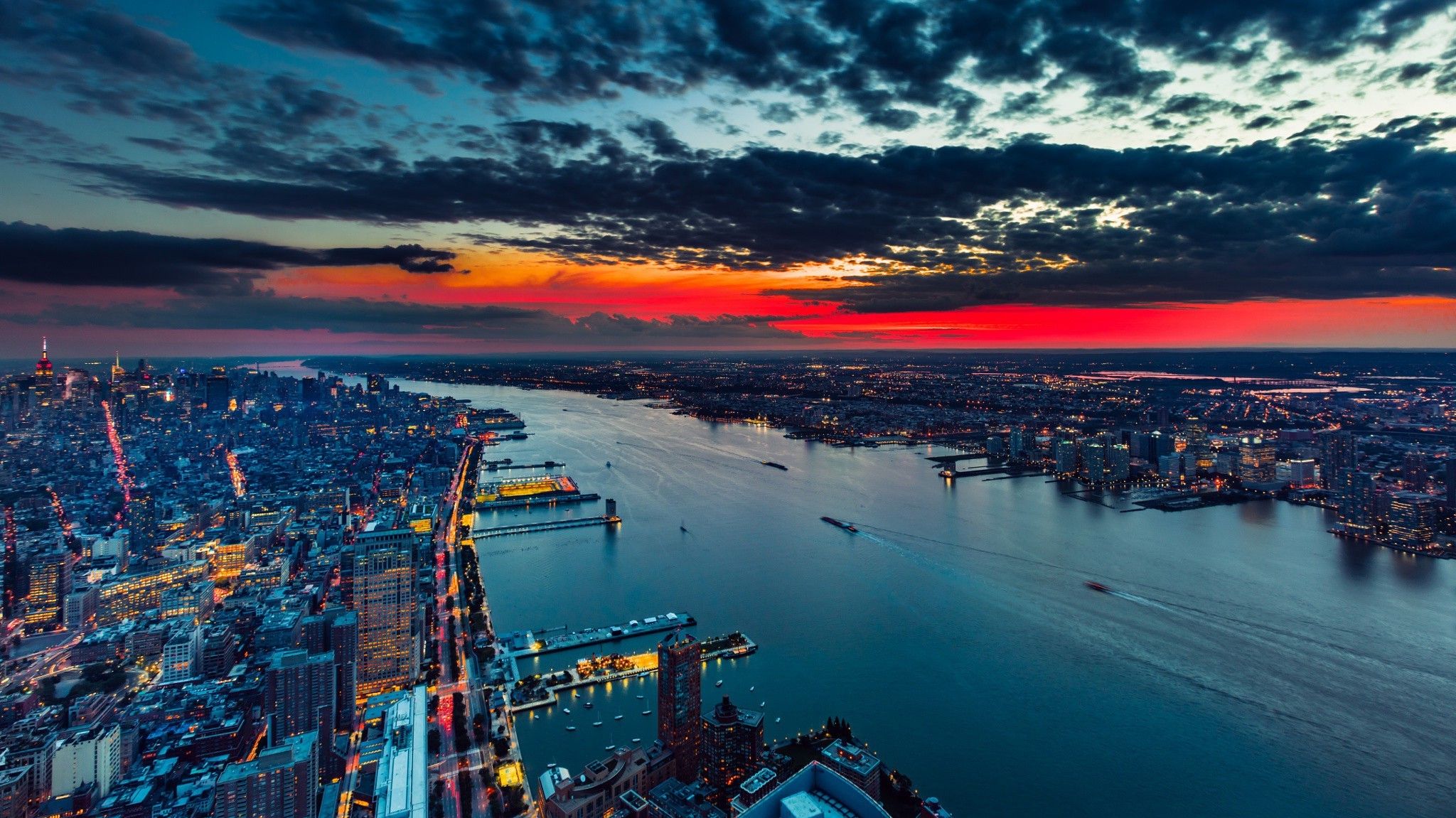 2048x1151 cityscape, City, Water, Clouds, Building, New York City, Manhattan, USA, Hudson River, Sunset, Evening Wallpaper HD / Desktop and Mobile Background