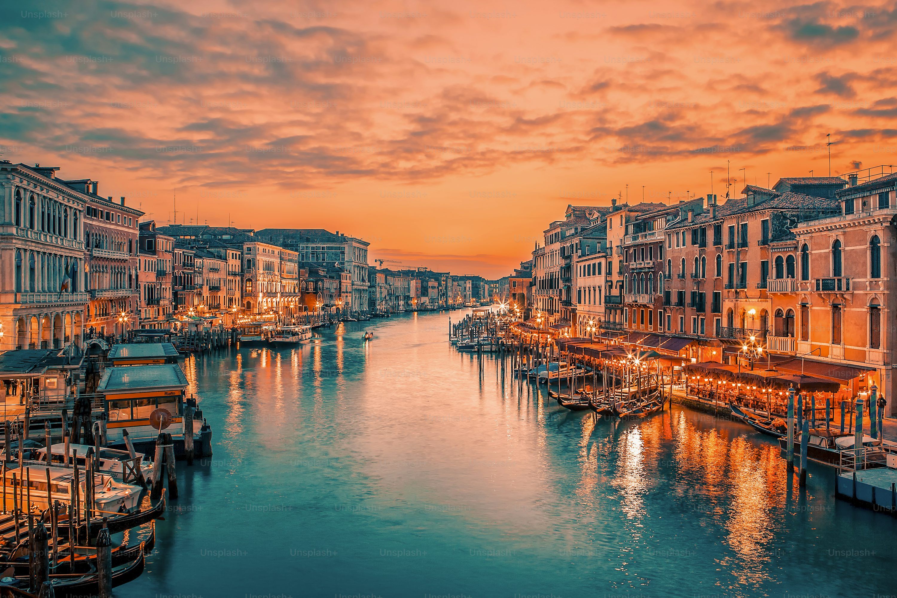 3000x2000 Famous grand canal from Rialto Bridge at blue hour, Venice, Italy. Special photographic processing. photo