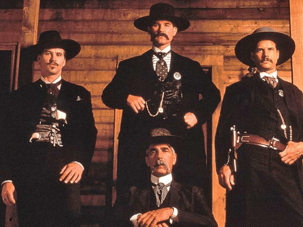 1024x768 Val Kilmer, Kurt Russell, Sam Elliott and Bill Paxton during the filming of Tombstone in 1992