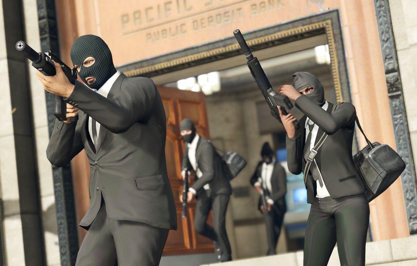 1332x850 Wallpaper weapons, people, thieves, mask, bags, robbery, GTA