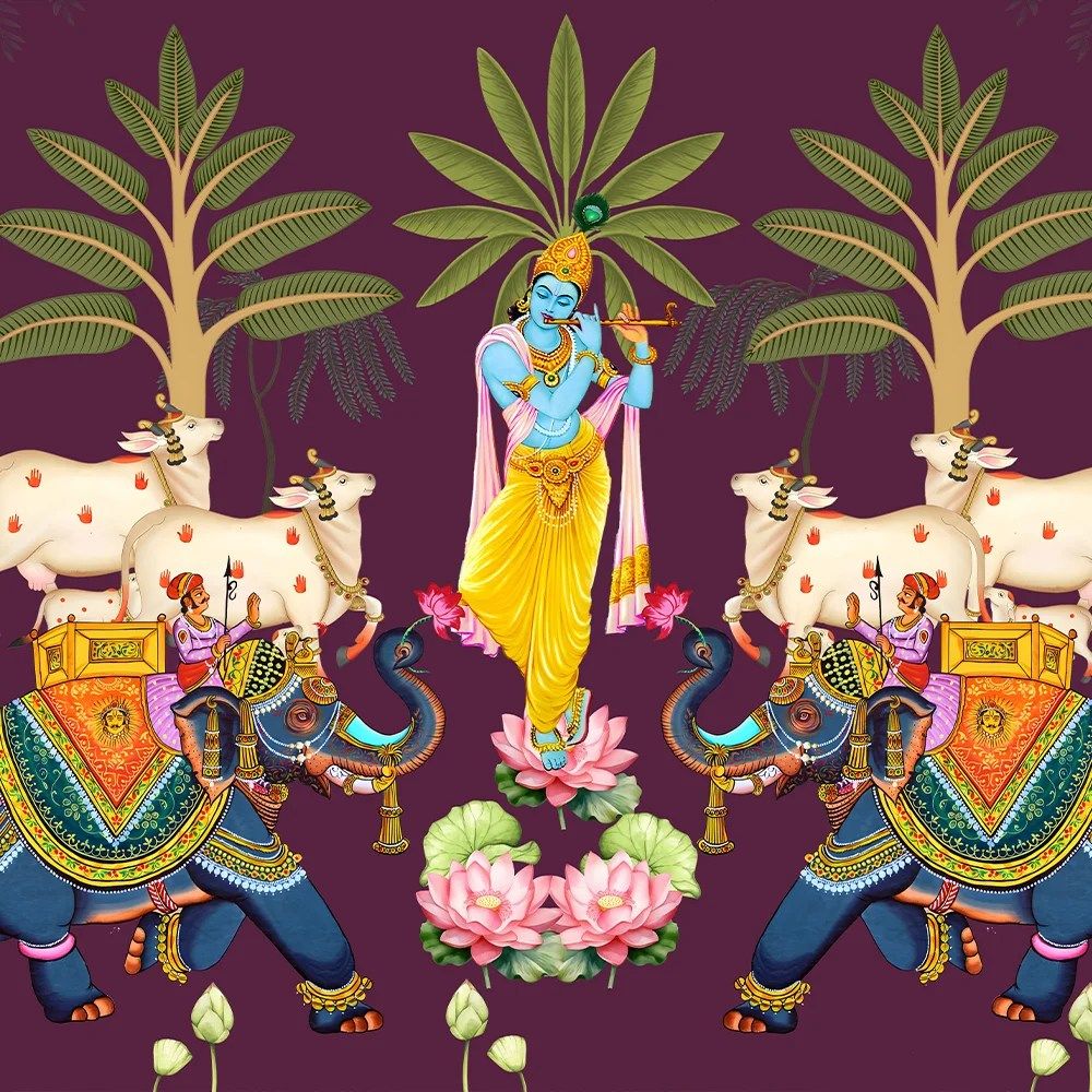 1000x1000 Krishna in Mehrun I Pichwai Wallpaper I Spritual Custom Wallpaper and Wine Decor