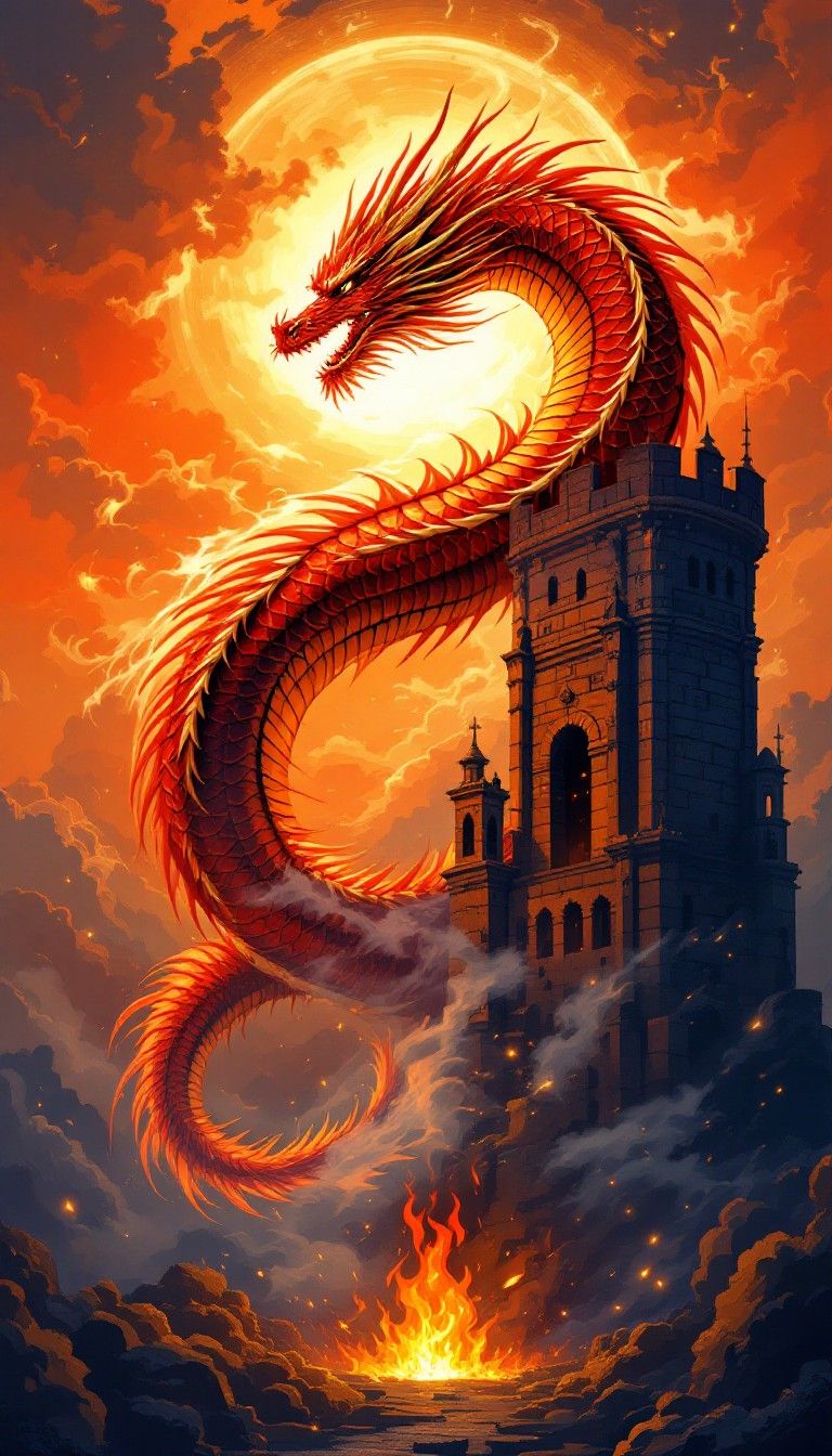 768x1344 Free Crimson Dragon Spirals Image, Serpentine, Tower