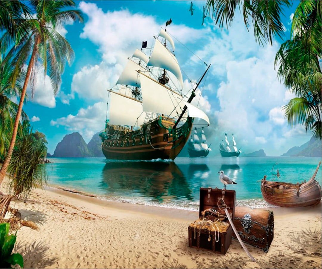 1080x901 Wallpaper With a Pirate Ship for a Teenager's Room Treasure Island Mural Personalized Pirate Style Wall Mural Kids Room Pirate Ship Decals