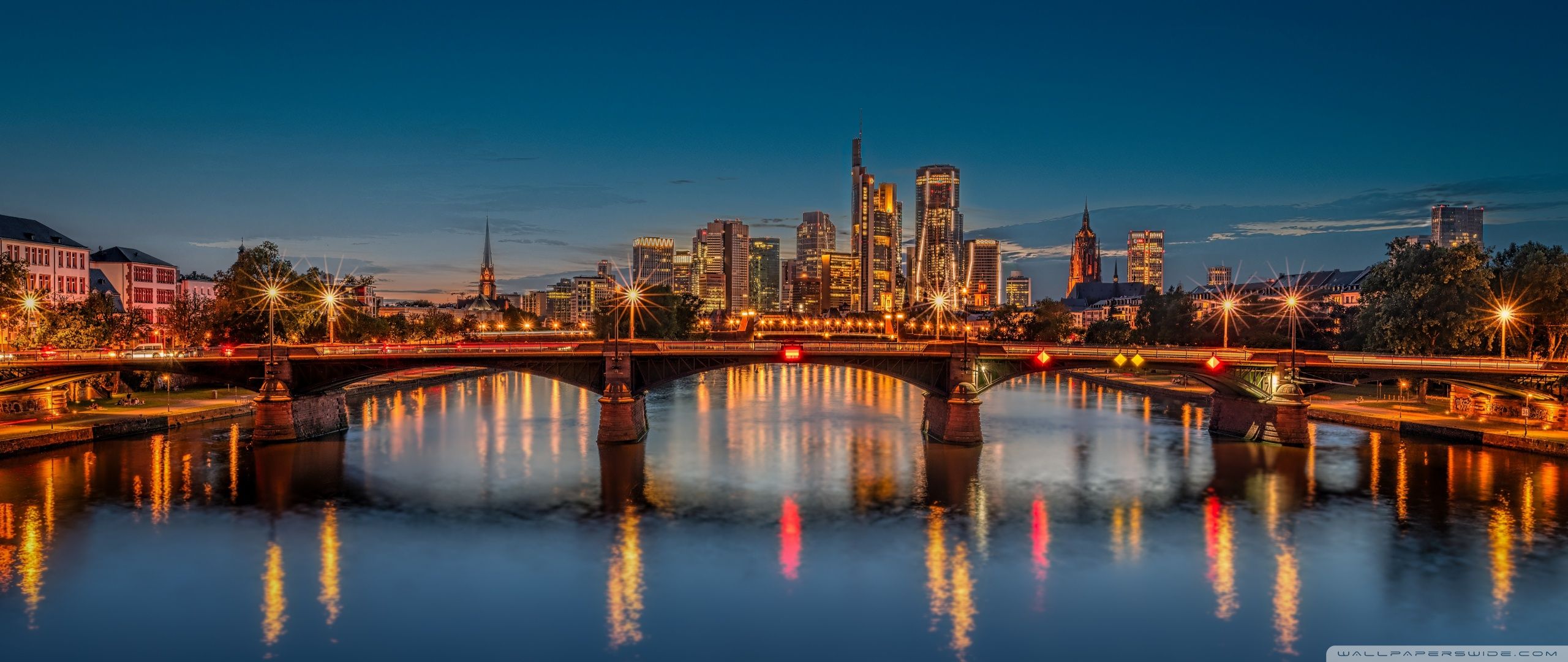 2560x1080 Frankfurt, Germany, Bridge, Evening, City Lights, Europe 4K UHD Wallpaper for UltraHD Desktop and TV : Widescreen and UltraWide Display : Dual Monitor