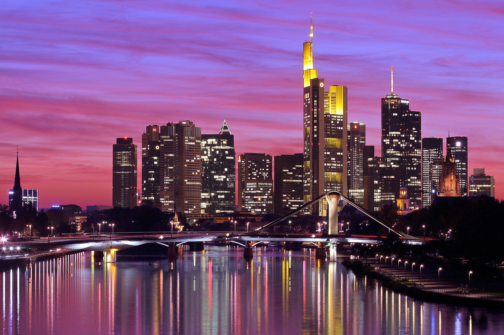 2048x1365 deutschland, Germany, Frankfurt, Am, Main, City, River, Bridge, Lights, Lighting, Reflection, Evening, Sky, Sunset, Buildings, Houses, Skyscrapers Wallpaper HD / Desktop and Mobile Background