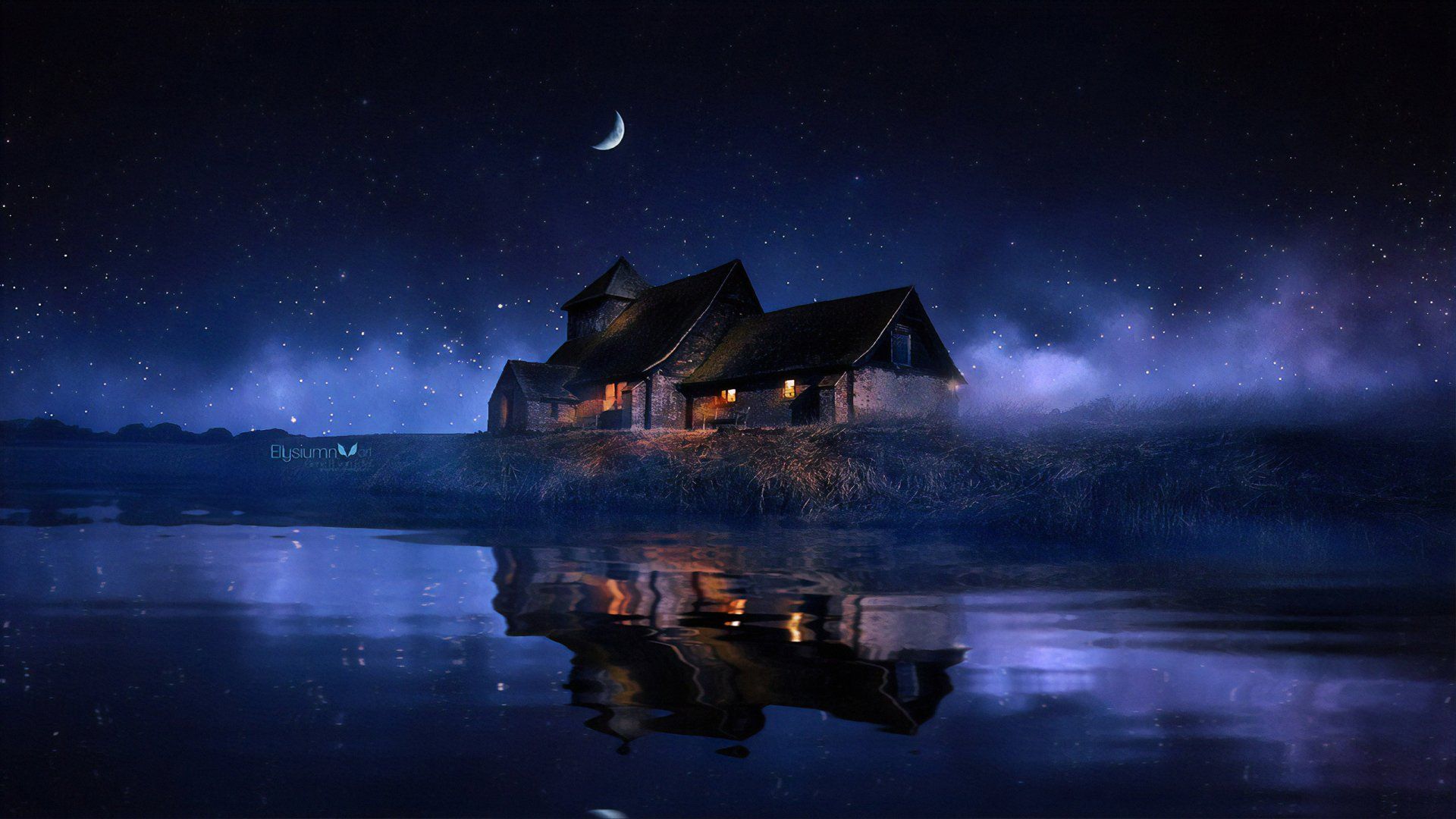 1920x1080 Moonlit Lakeside Haven: Night Reflections on a Quiet Housex1440