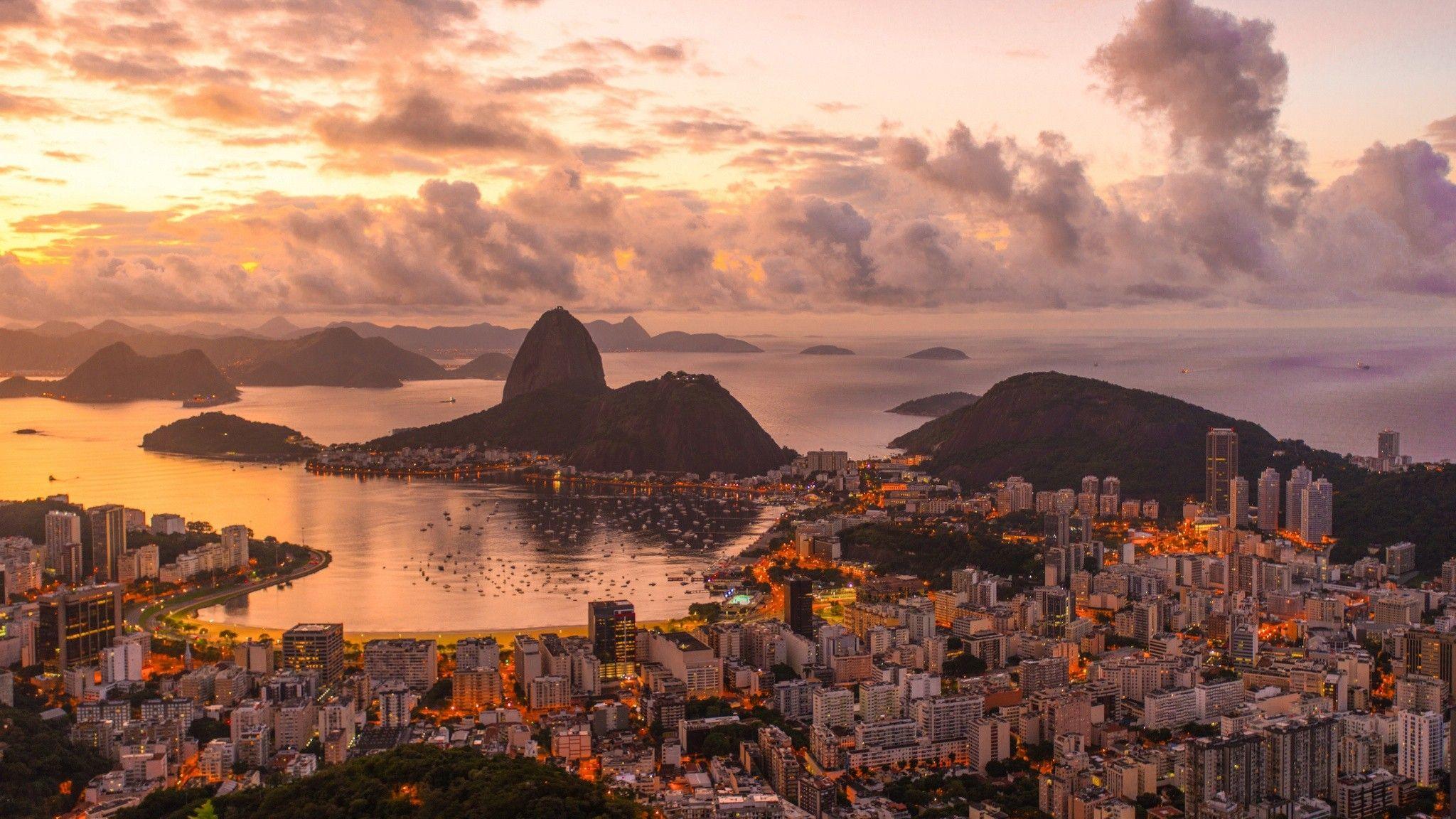 2048x1152 city, Cityscape, Rio de Janeiro, Brazil, Clouds, Hill, Sea, Sunset