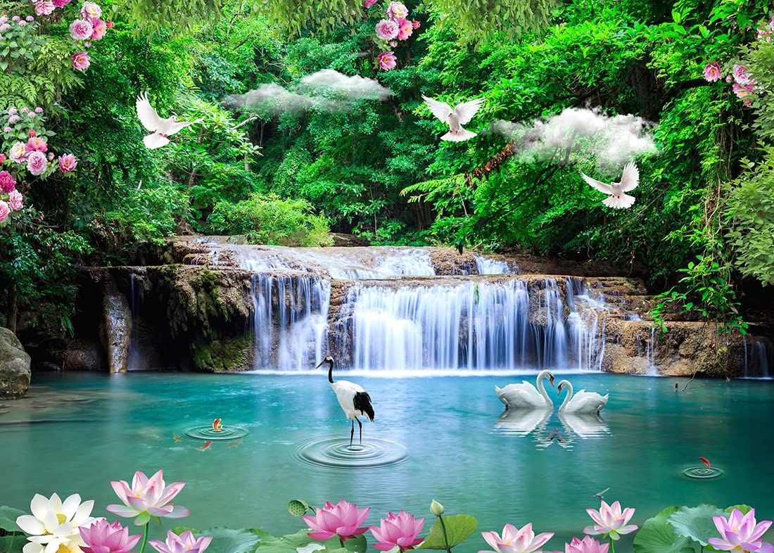 1100x786 Amazon.com : BELECO 7x5ft Fabric Beautiful Forest Lake Waterfall Backdrop Jungle Forest Trees Cascade Nature Backdrop Green Water Crane White Pigeon Lotus Flowers Spring Garden Background Wall Mural Photo Props