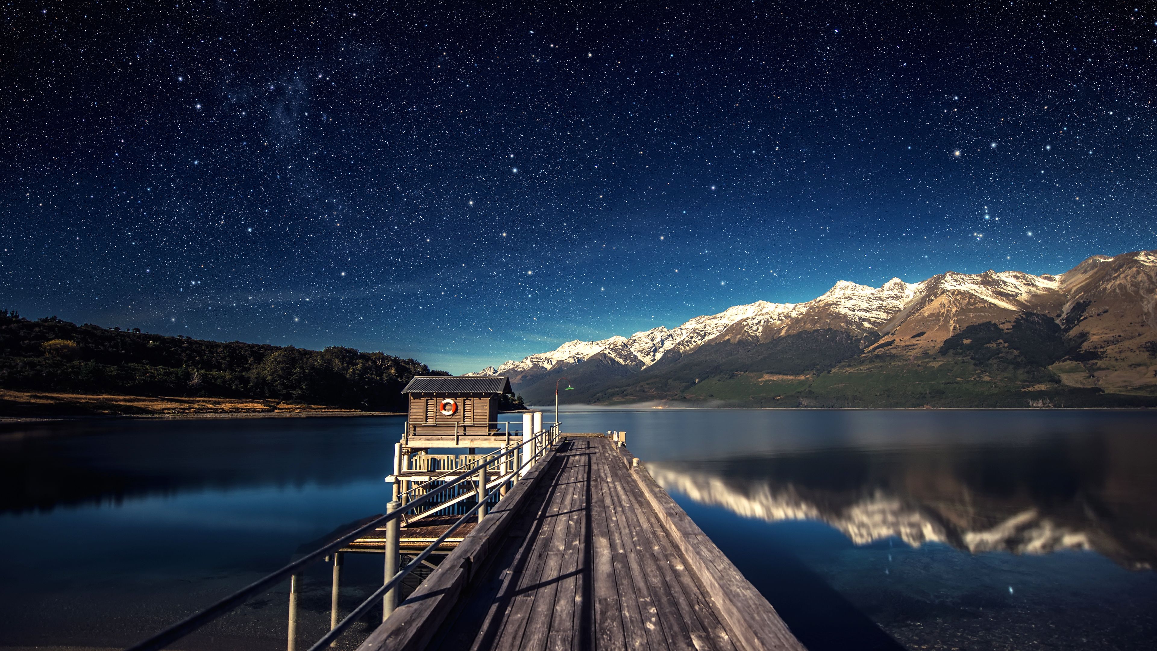 3840x2160 stars, Blue, Landscape, Reflection, Lake, Mountain, Water, Night Wallpaper HD / Desktop and Mobile Background