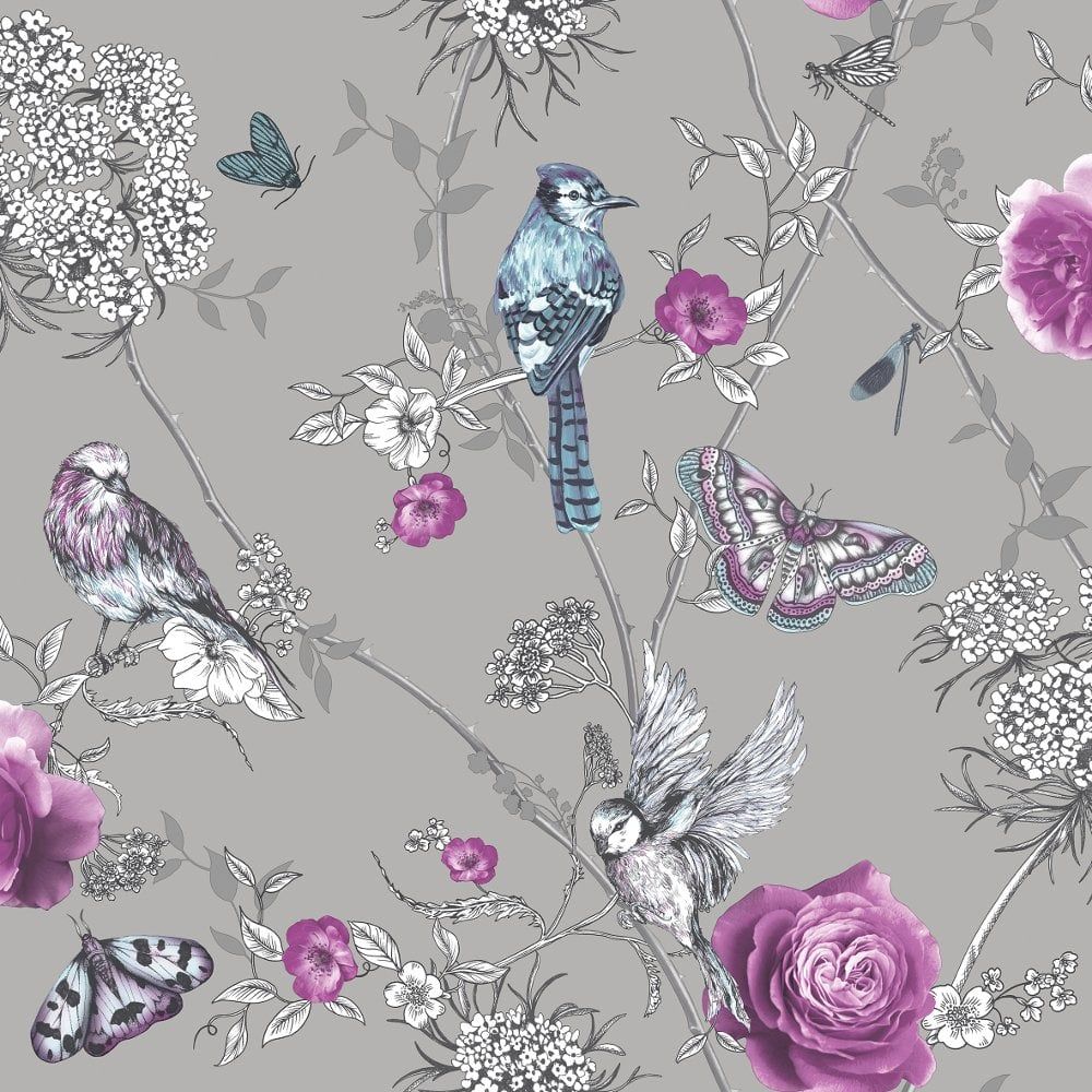 1000x1000 Arthouse Paradise Garden Bird Motif Flower Glitter Textured English Garden Silver Wallpaper