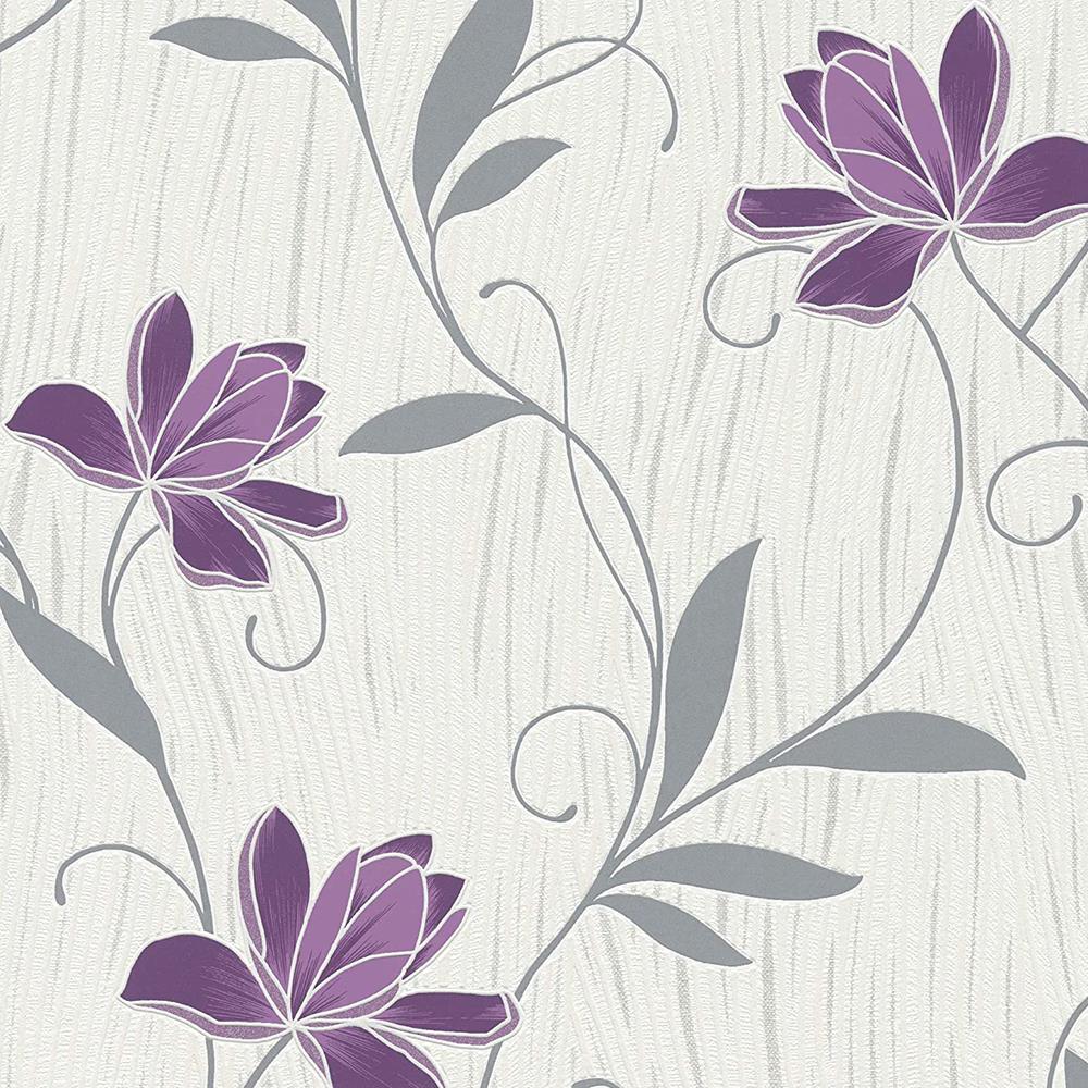 1000x1000 Lotus Wallpaper AS Creation Floral Textured Glitter Vinyl Grey Purple White