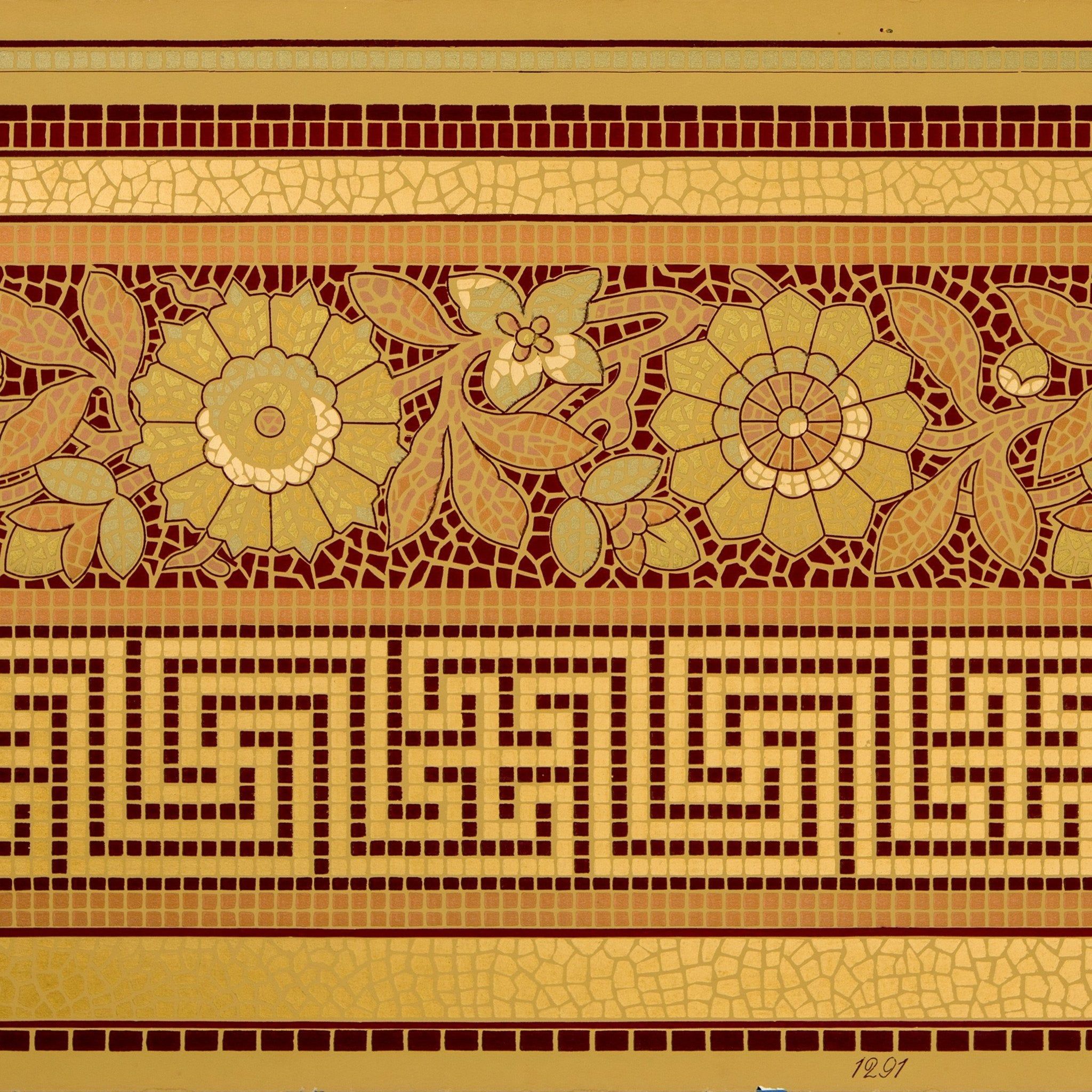 2048x2048 Greek Key and Floral Gilt Mosaic Border Wallpaper Remnant