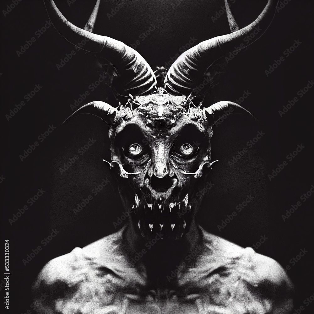 1000x1000 Black and white Scary demon with horns and evil look. Glowing eyes, devil inspiration, fear and hell atmosphere. Photo realistic, concept art, cinematic light, background, wallpaper, illustration Stock Illustration