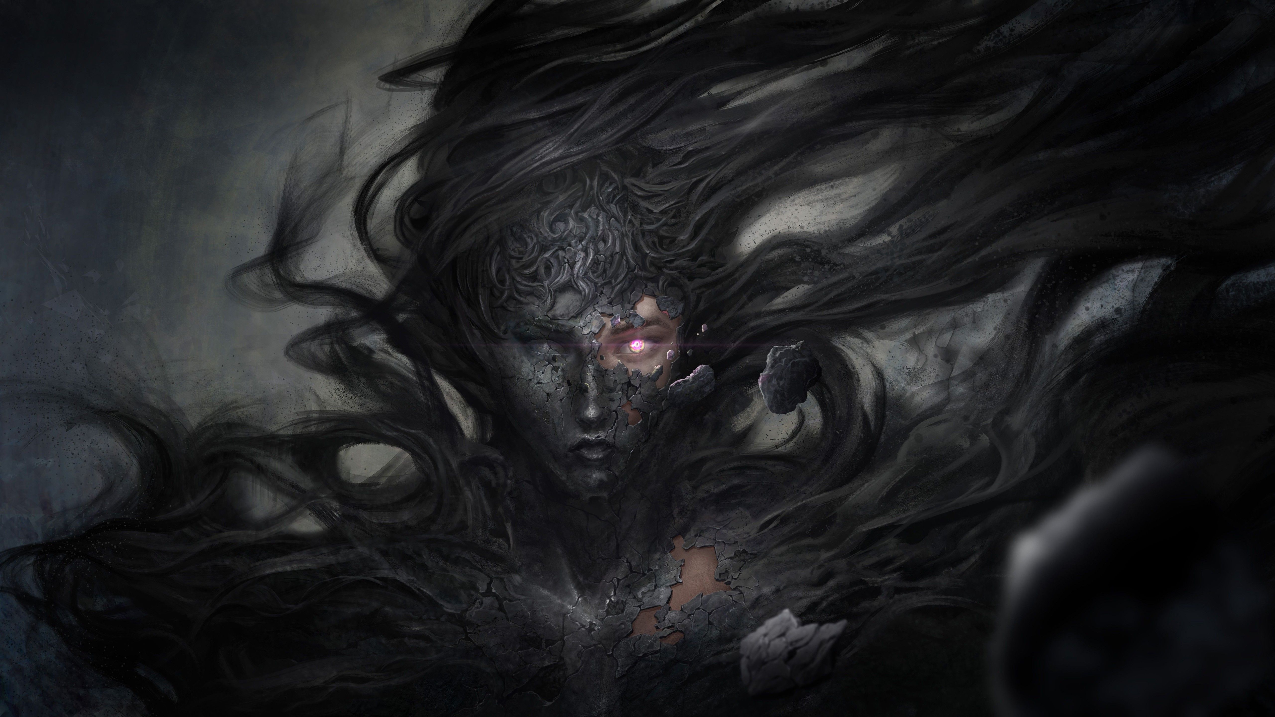 5120x2880 Pink Eyes Black Female Devil Face 4K 5K HD Devil Wallpaper