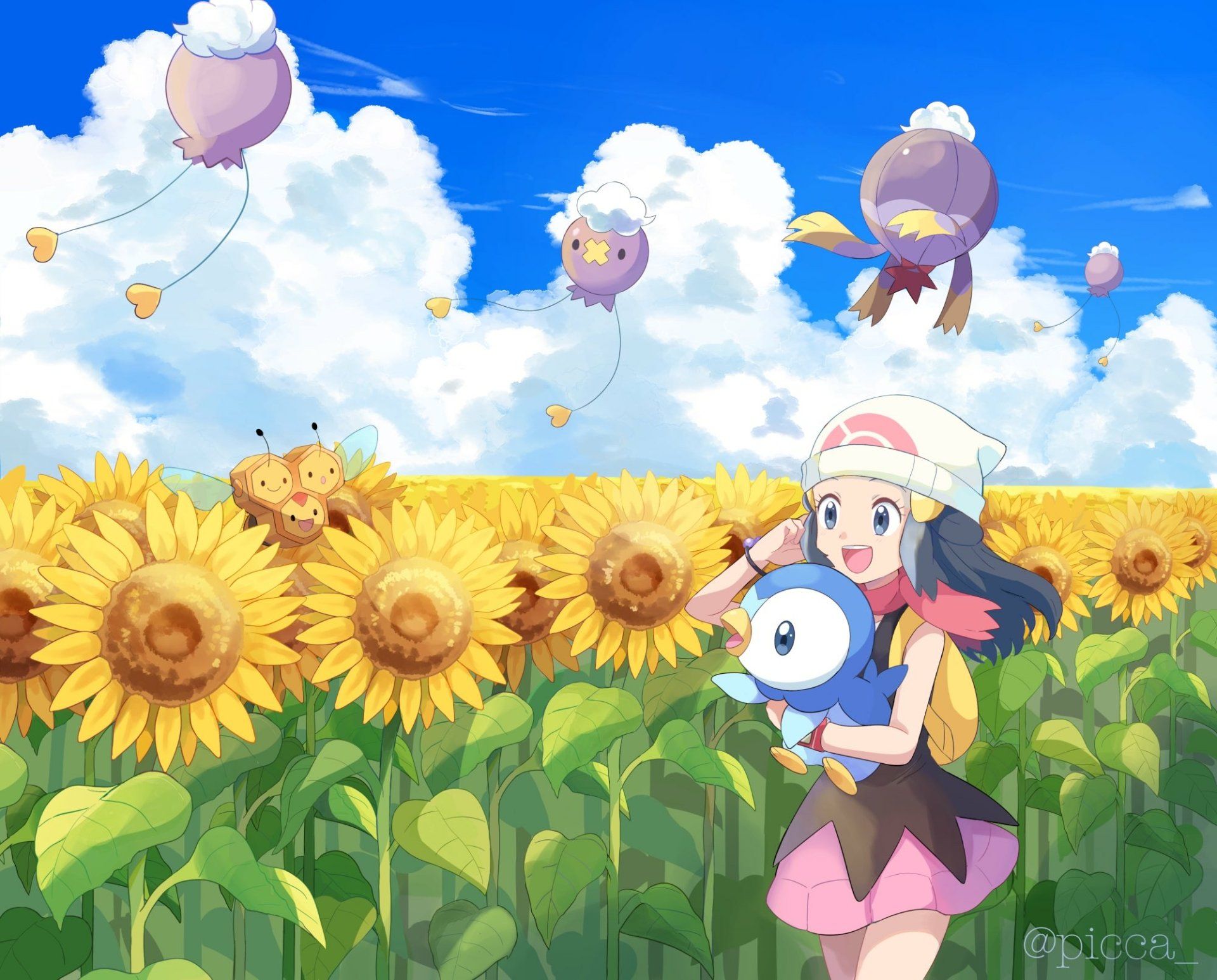 1920x1546 Dawn's Sunflower Day: Piplup, Drifloon & Combee (HD Pokémon Wallpaper)