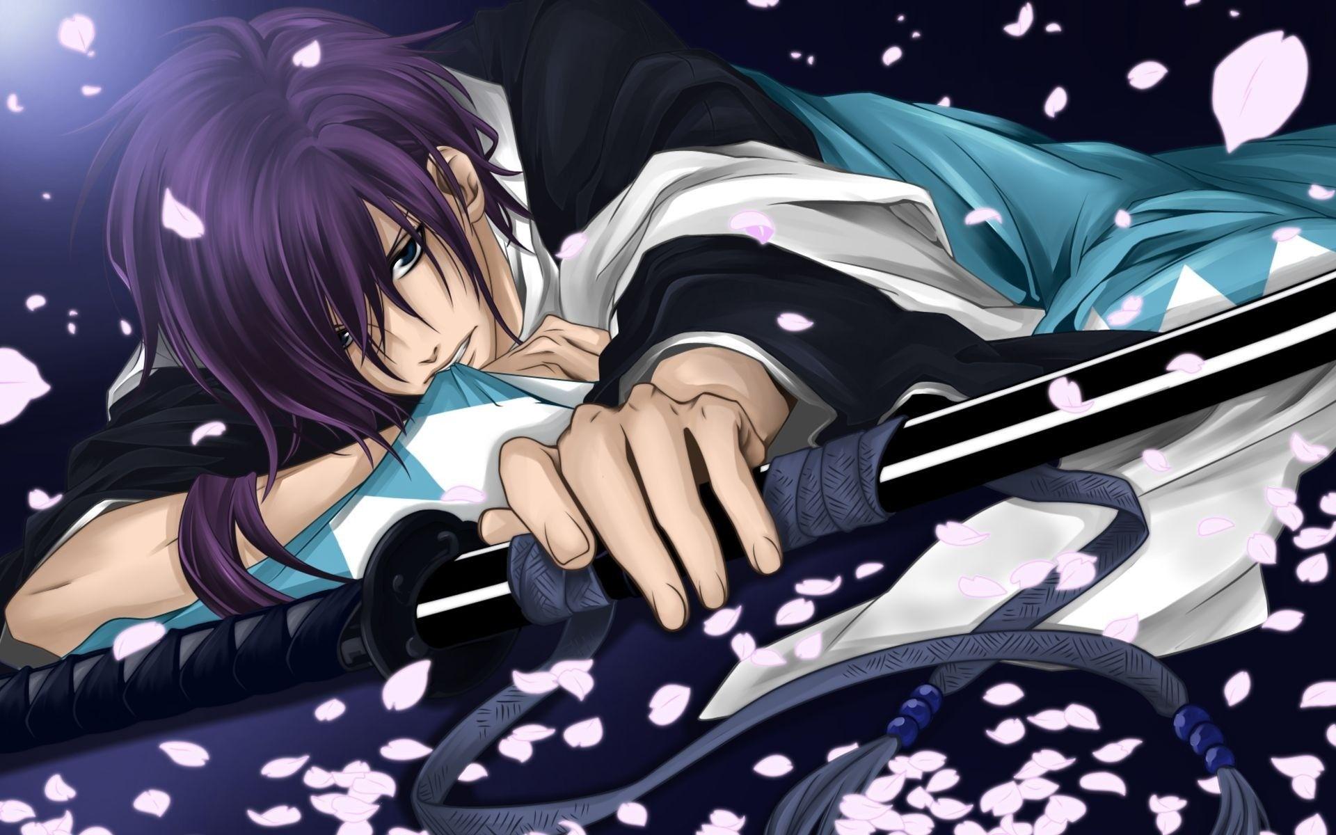 1920x1200 Anime Young Man with Sword, falling Petals widescreen wallpaper
